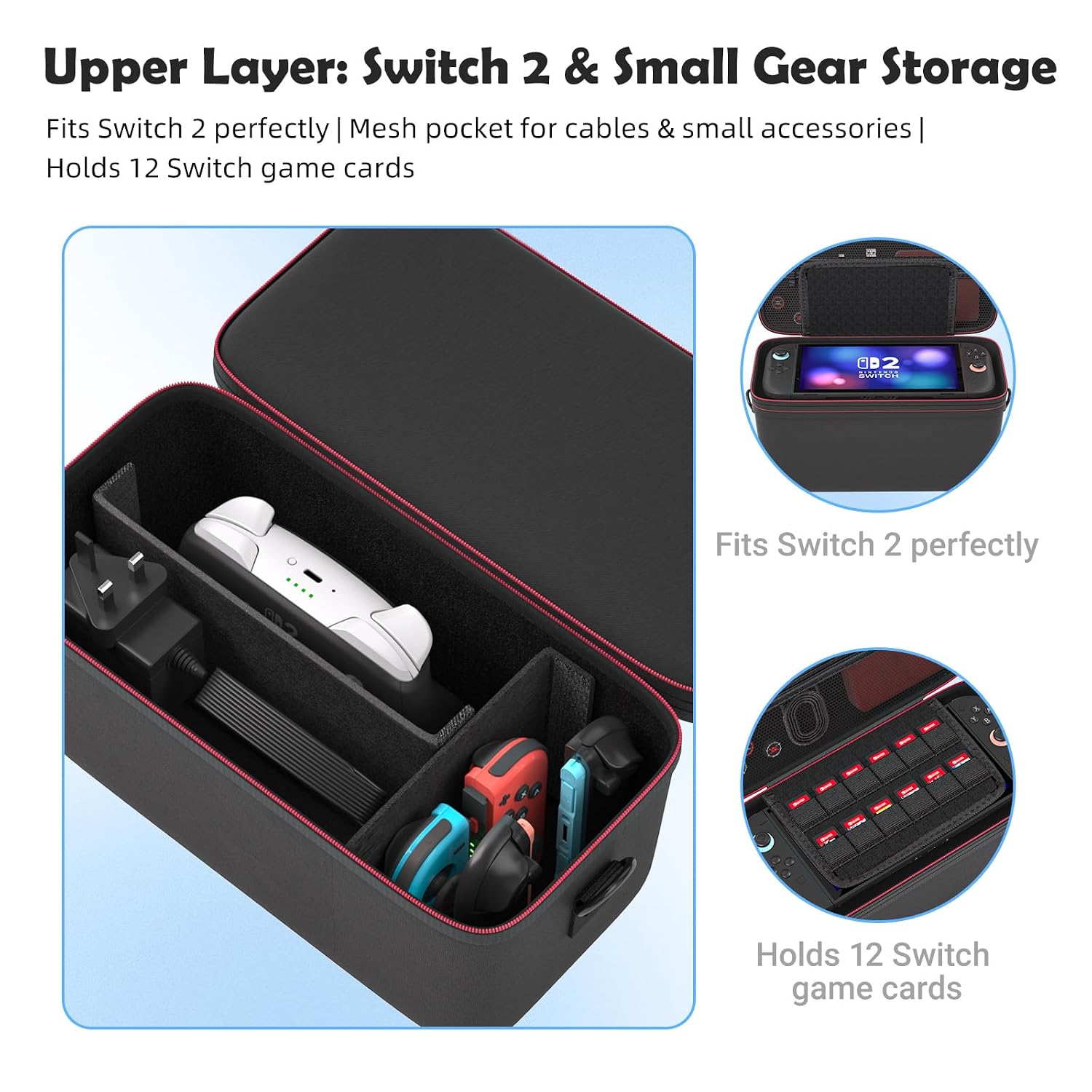 Switch 2 Carrying Case, Large EVA Hard Shell Travel Bag with 12 Game Slots | Compatible with Switch 2 console, dock, Pro Controller and charger; dual-layer storage with handle and shoulder strap