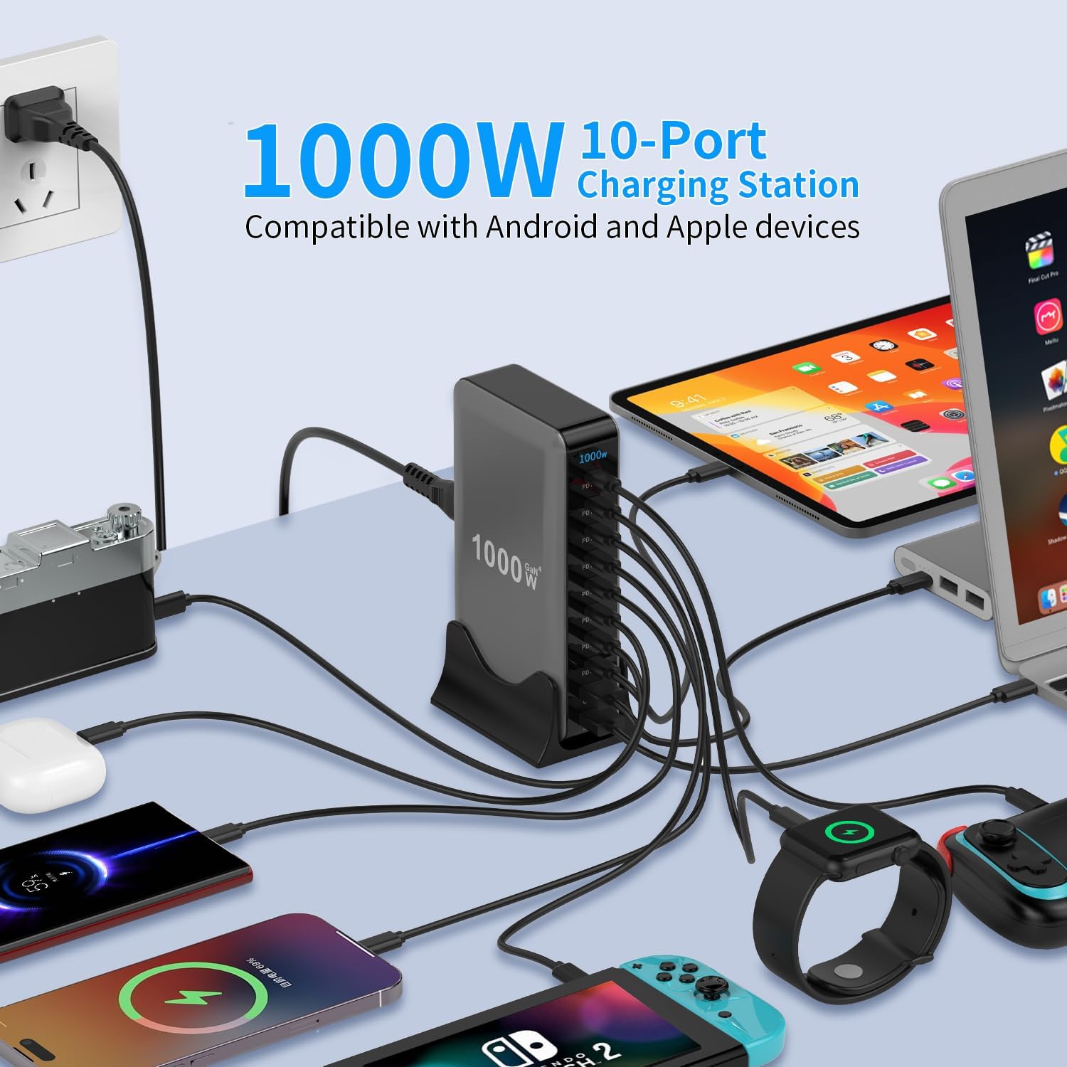 Estación de carga de escritorio de 1000 W GaN de 10 puertos con cable USB-C de 240 W, concentrador de carga rápida para portátiles, tabletas, teléfonos, consolas de juegos y auriculares