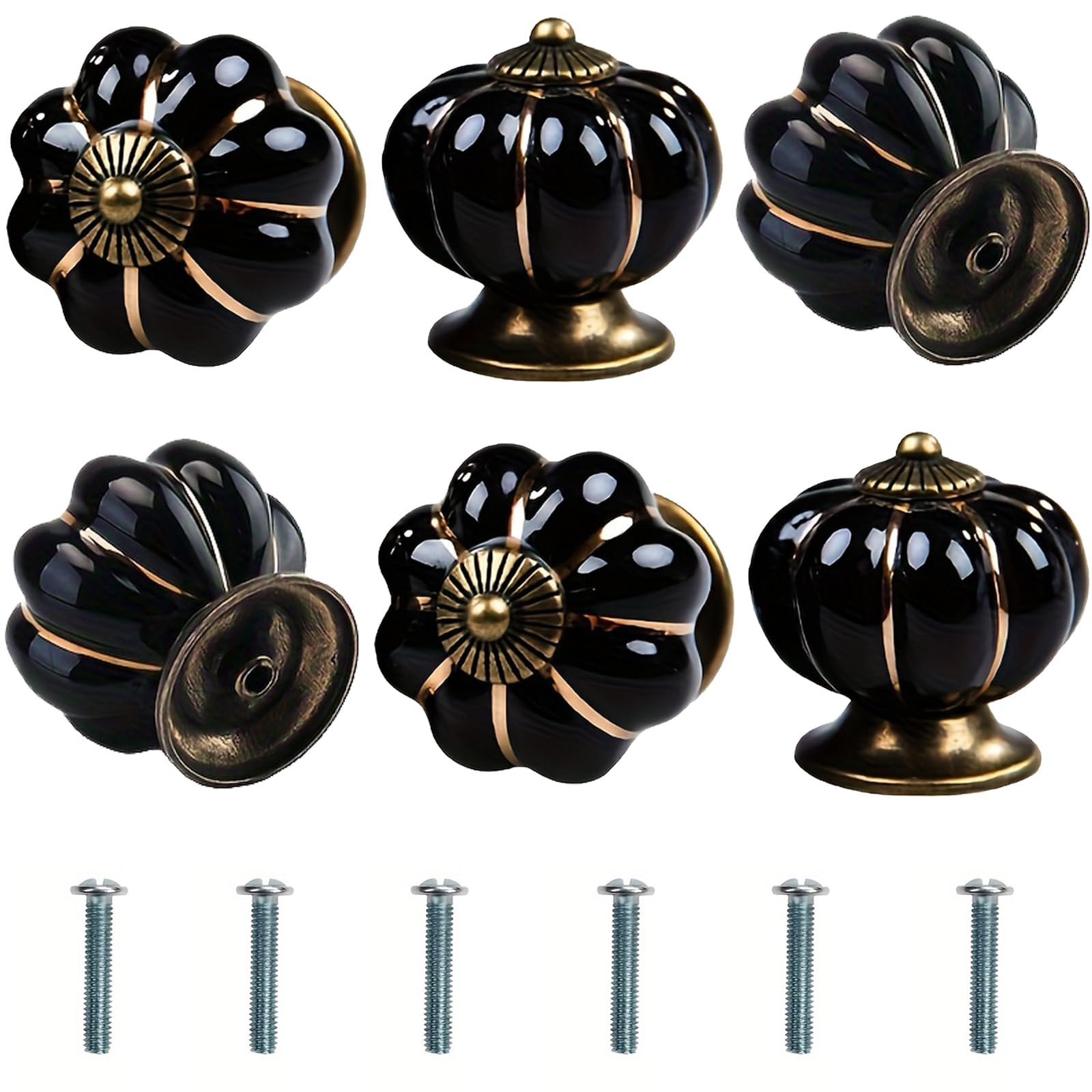 Bikasun 6 Pezzi pomelli per mobili a forma di zucca nero, pomelli vintage in ceramica nero, pomelli per armadi con viti, pomelli per cassetti per armadi, maniglie decorative per mobili