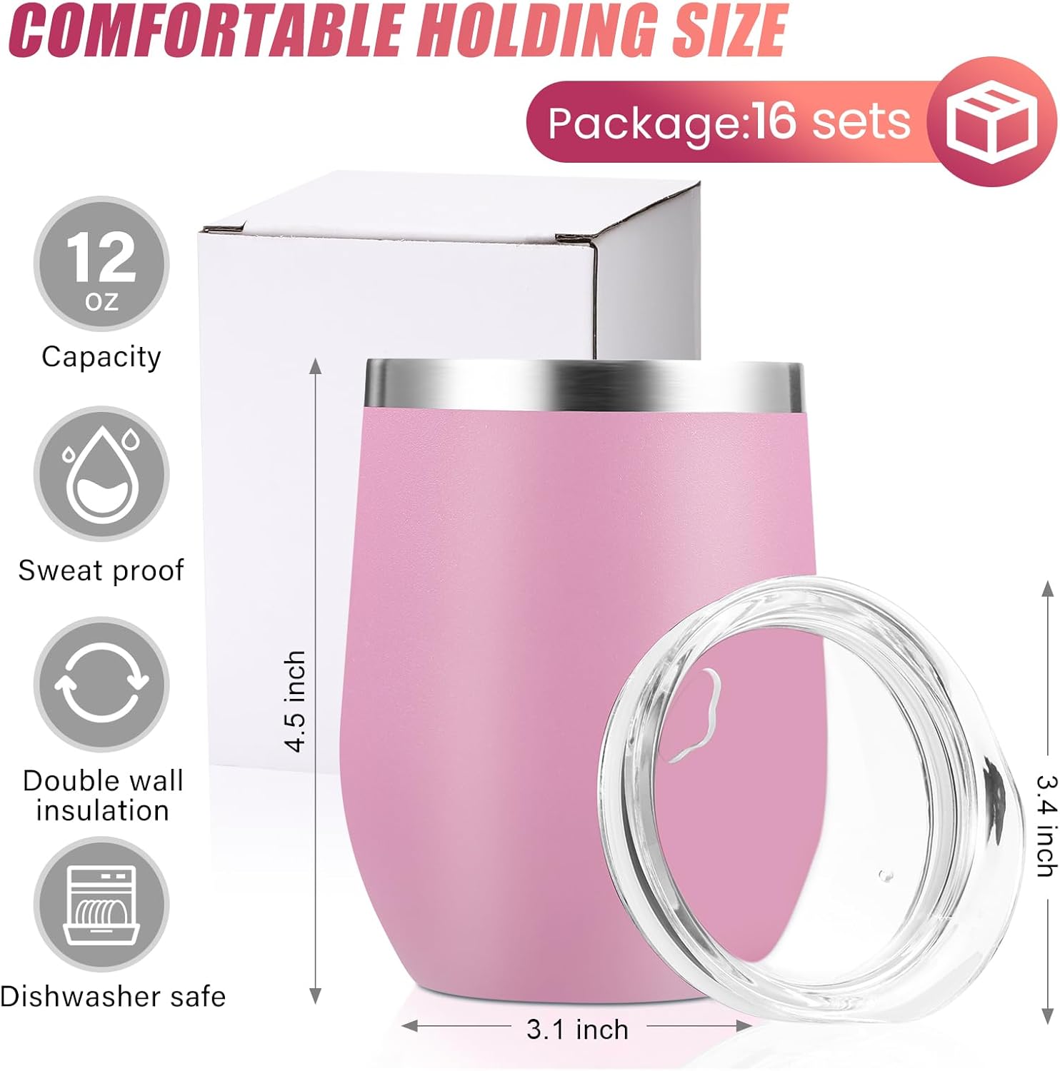 16 Pack Stainless Steel Wine Tumblers 12 oz Insulated Vacuum Wine Cup Set Double Wall Stainless Steel Stemless Mug Glasses for Coffee Soda Whiskey Outdoor Travel (Pink) - Image 2