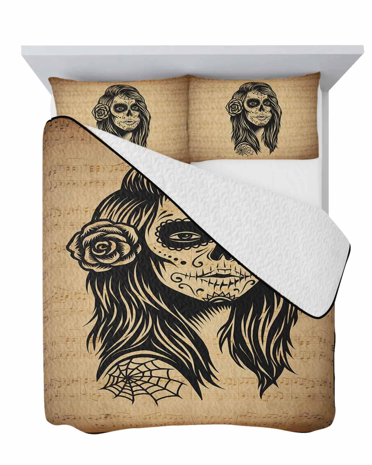 Quilt Set Full Size 3 Pieces Luxury Quilted Bedspread-Thin Soft Cozy, Halloween Skull Girl Floral Reversible Stitched Lightweight Quilt Coverlet Bedding Sets for All Season (1 Quilt, 2 Pillow Shams)