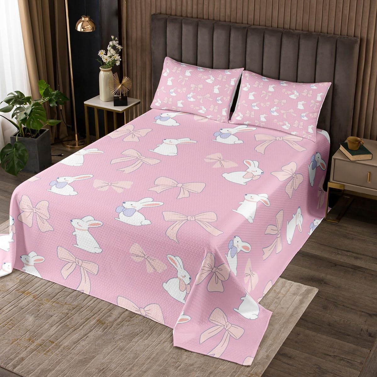 Erosebridal Cute Girls Queen Size Quilt Set, Cartoon Bows Flowers Bedspread Set for Kids Women, Kawaii White Goose Print Coverlet Set, Elegant Damask Floral Bed Set, Red Green, 2 Pillowcases