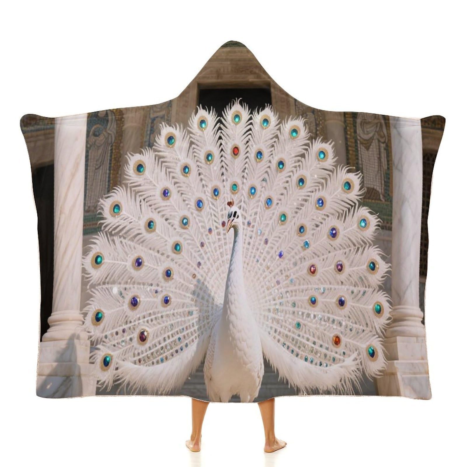 LLUTSNTH White Peacock Wearable Blanket Fleece Hooded Blanket Oversized Blanket Hoodies Cape Wrap for Adults 50"x60"