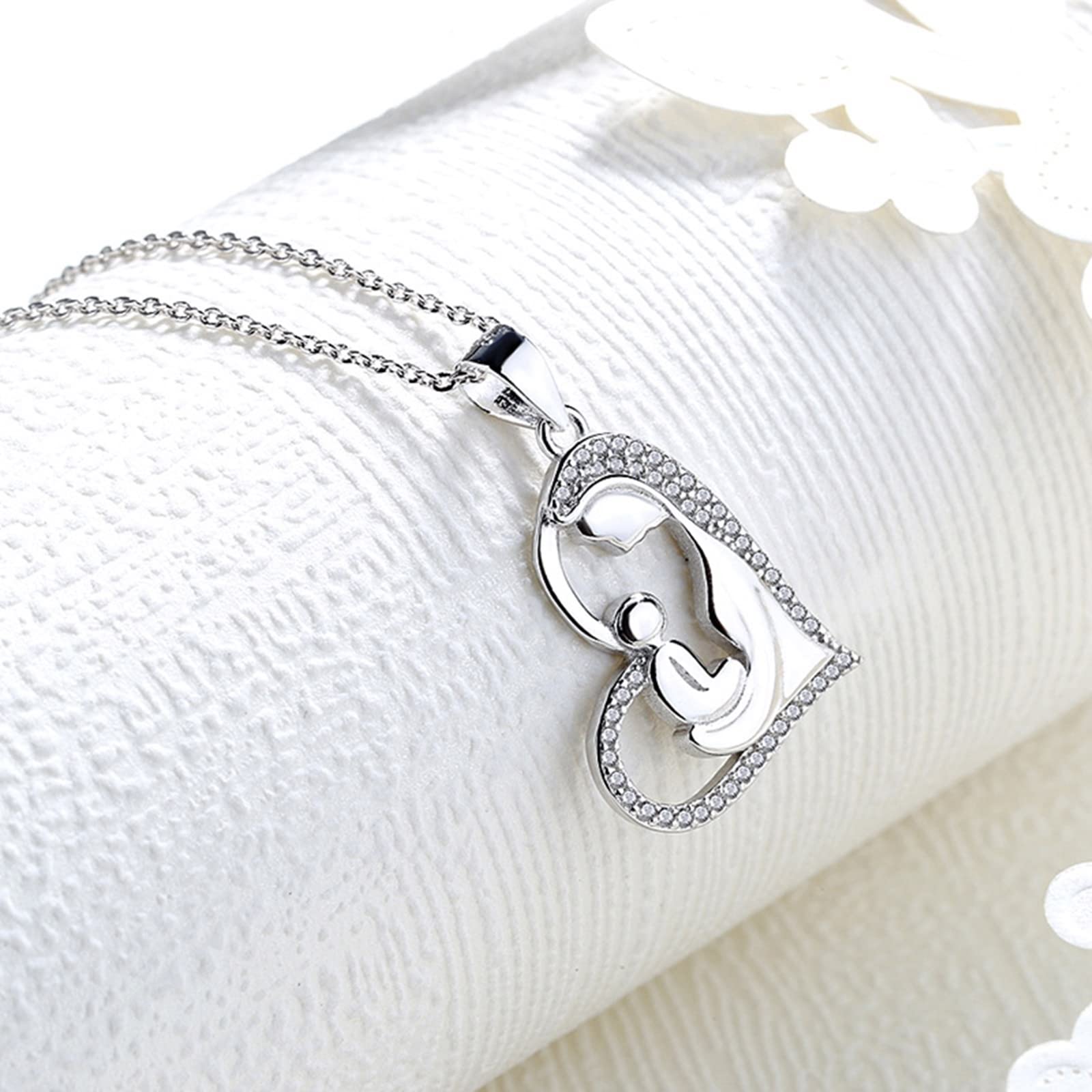Collar de 14 quilates, collar con colgante de corazón de diamante para madre y niño, 2.66x1.64CM, Vidrio Cuero, Diamante