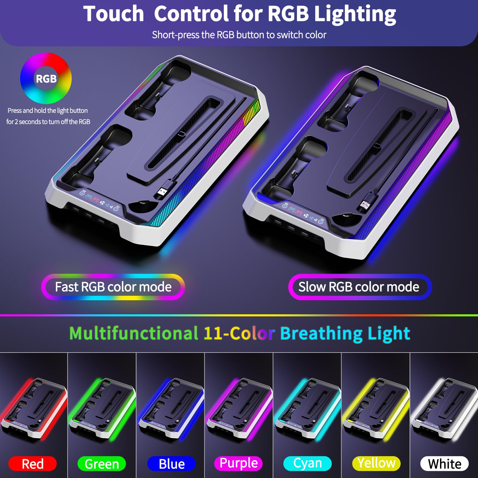 Stazione di raffreddamento per PS5/Slim/Pro, stazione di ricarica RGB compatibile con PlayStation 5 Ventola di raffreddamento integrata a 3 livelli e caricabatterie doppio controller PS5, supporto con