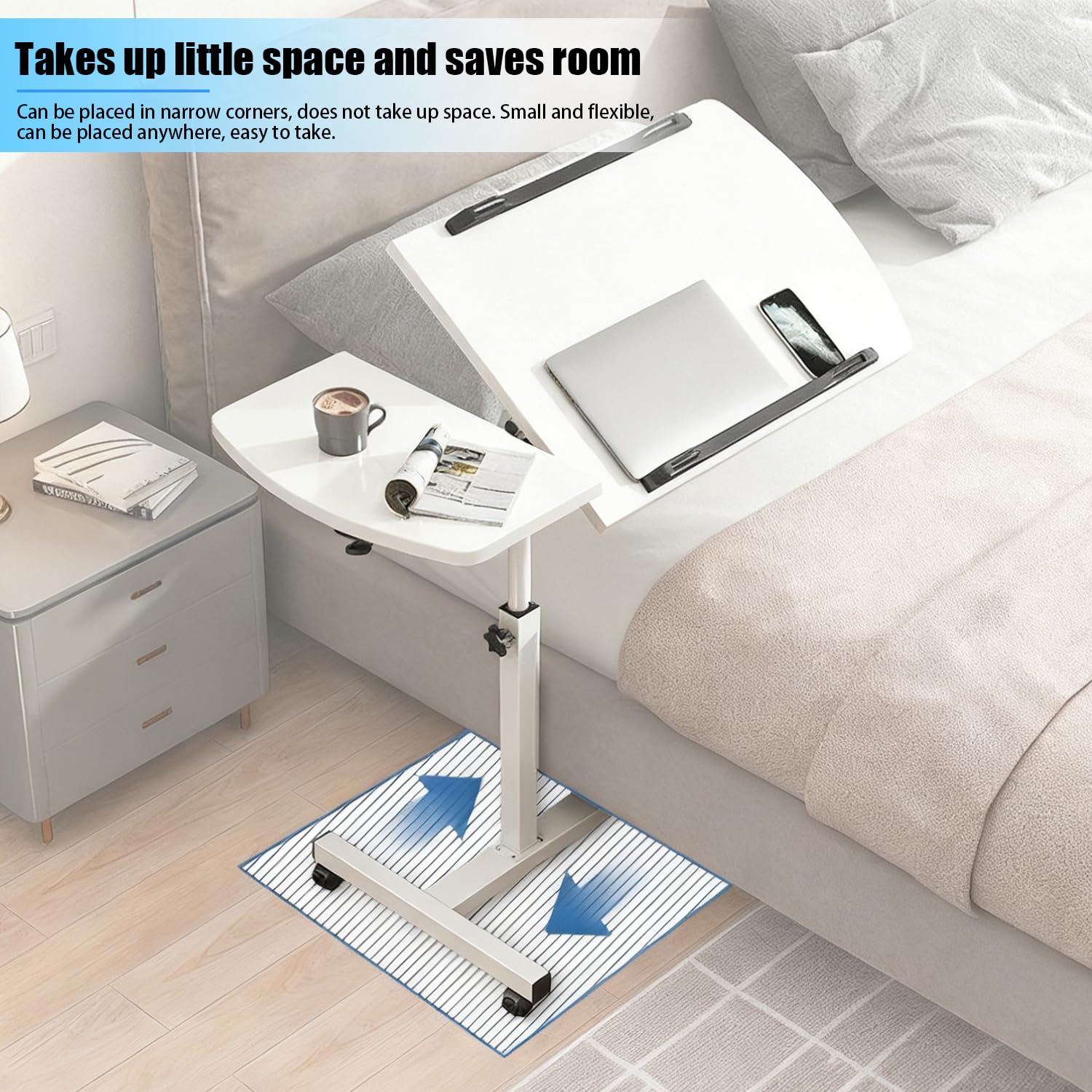Tavolino Servitore Letto,Carrello Con Ruote Dotate Di Freno,60x40 Cm,Con 2 Barre Antiscivolo,Adatto Per Uso Con Tavolo,Divano o Letto,Supporto Per Laptop Con Altezza e Angolazione Regolabili (Bianco)