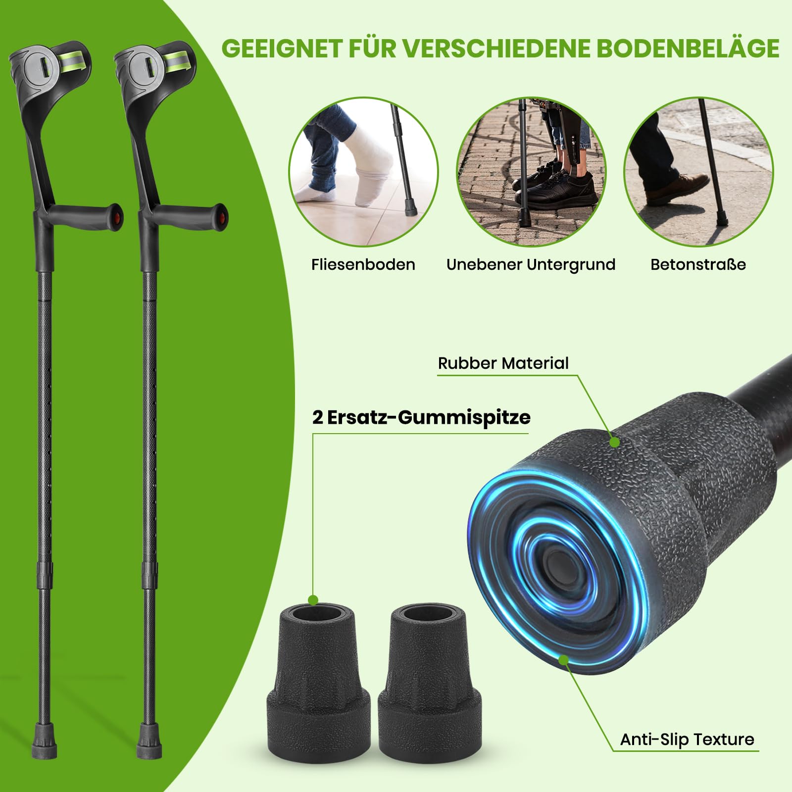 Carbonfaser Krücken Faltbar (2 Stück), Schwarz, Leichte Unterarmgehstützen 560g, Klappbare Gehhilfe für Senioren, Höhenverstellbare Gehstützen