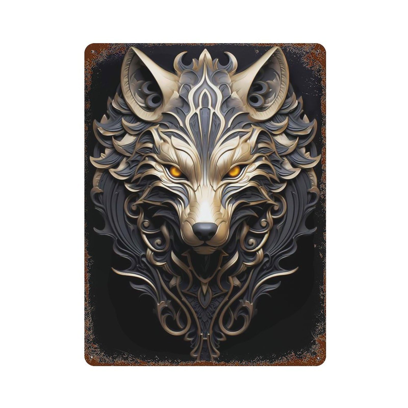 Monarch Golden Wolf 15.7"x11.8" Weathered Tin Sign, Shabby Chic Decor for Farmhouse, Kitchen And Entryway Decor