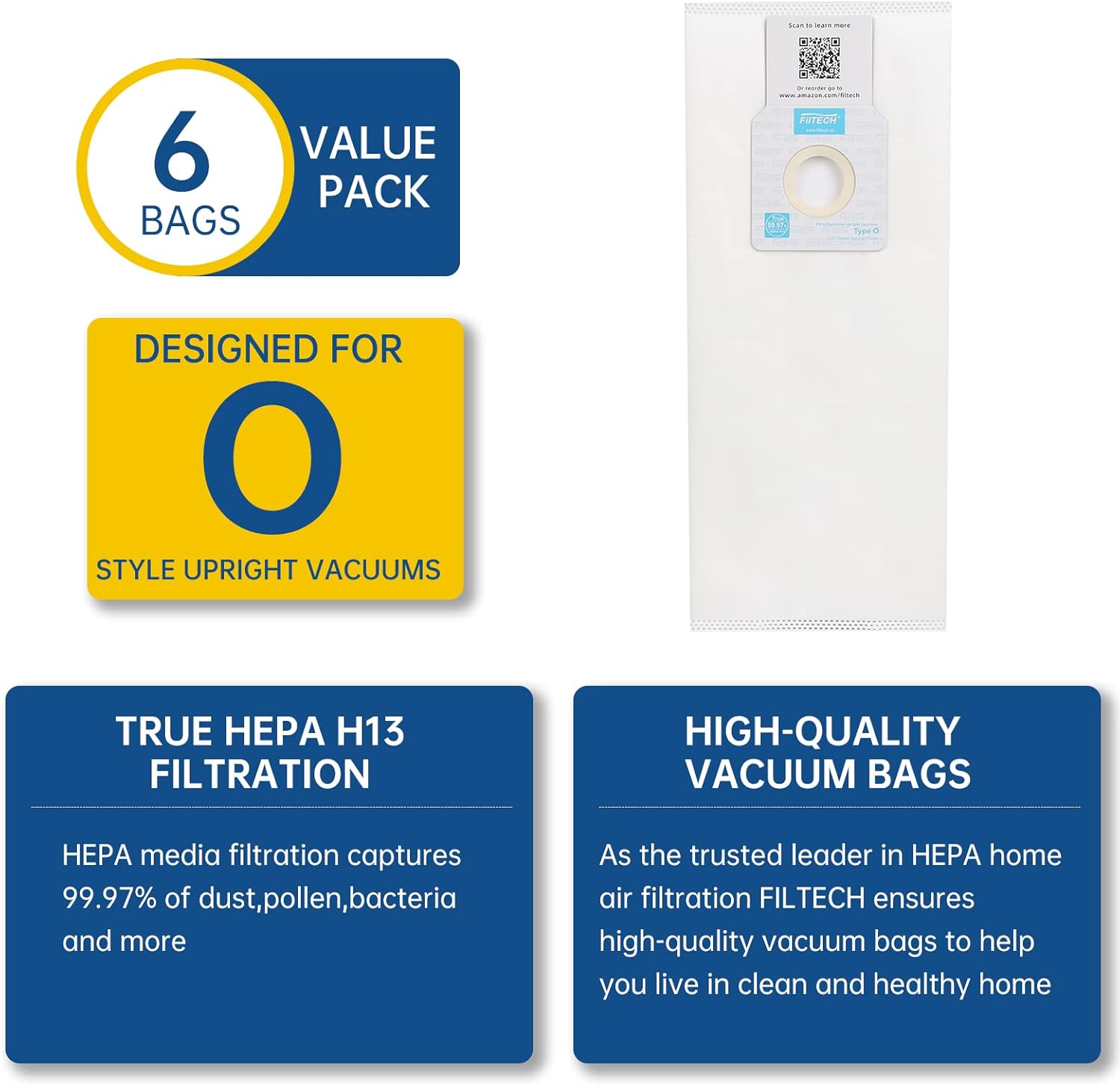 Kenmore Upright Vacuums Bags, Well-Improved Durable HEPA Upright Vacuum Cleaner Bags Fit to Kenmore, Replacement 53294 Type O Air Clean 3D Efficiency Dust Vac Bags White 6 Pack by FILTECH -