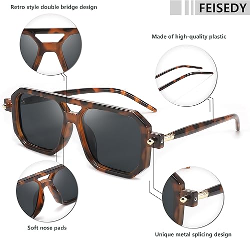 Miniatura 148 de Feisedy - B2622 - Lentes de sol estilo aviador, cuadrados, clásicos de los años 70, unisex, con montura clásica retro y elegante, UV400 Marco