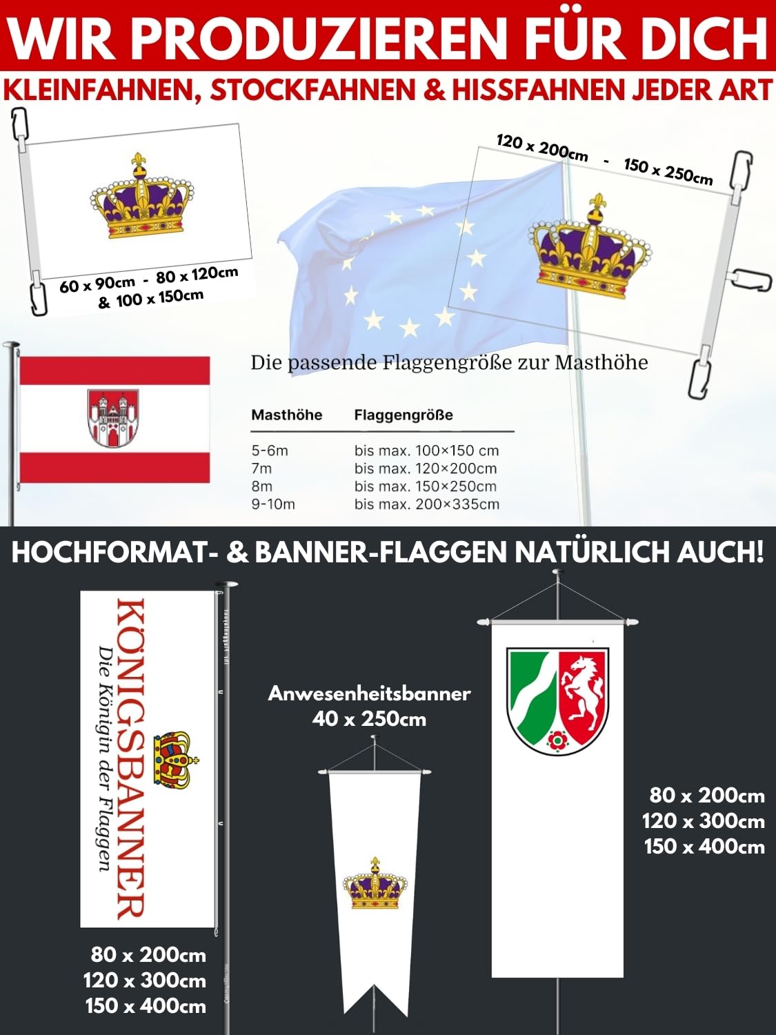 Zertifizierte Flagge Fahne Gießen - GI 150 x 400cm - Hochformatflagge doppelt gesäumt mit Karabinerhaken aus deutscher Flaggen-Manufaktur