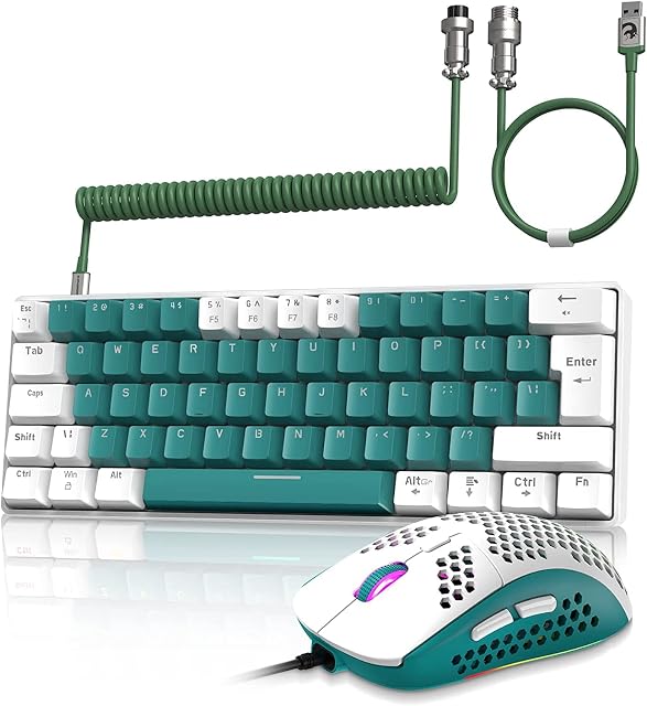 ZIYOU LANG Wired Gaming Keyboard and Mouse Combo+Coiled USB C Cable T60 Pro-Compact 60% UK Layout Light Up Mechanical Keyboard Clicky Optical Blue Switch-6400dpi Superlight RGB PC Mice for Laptop Mac