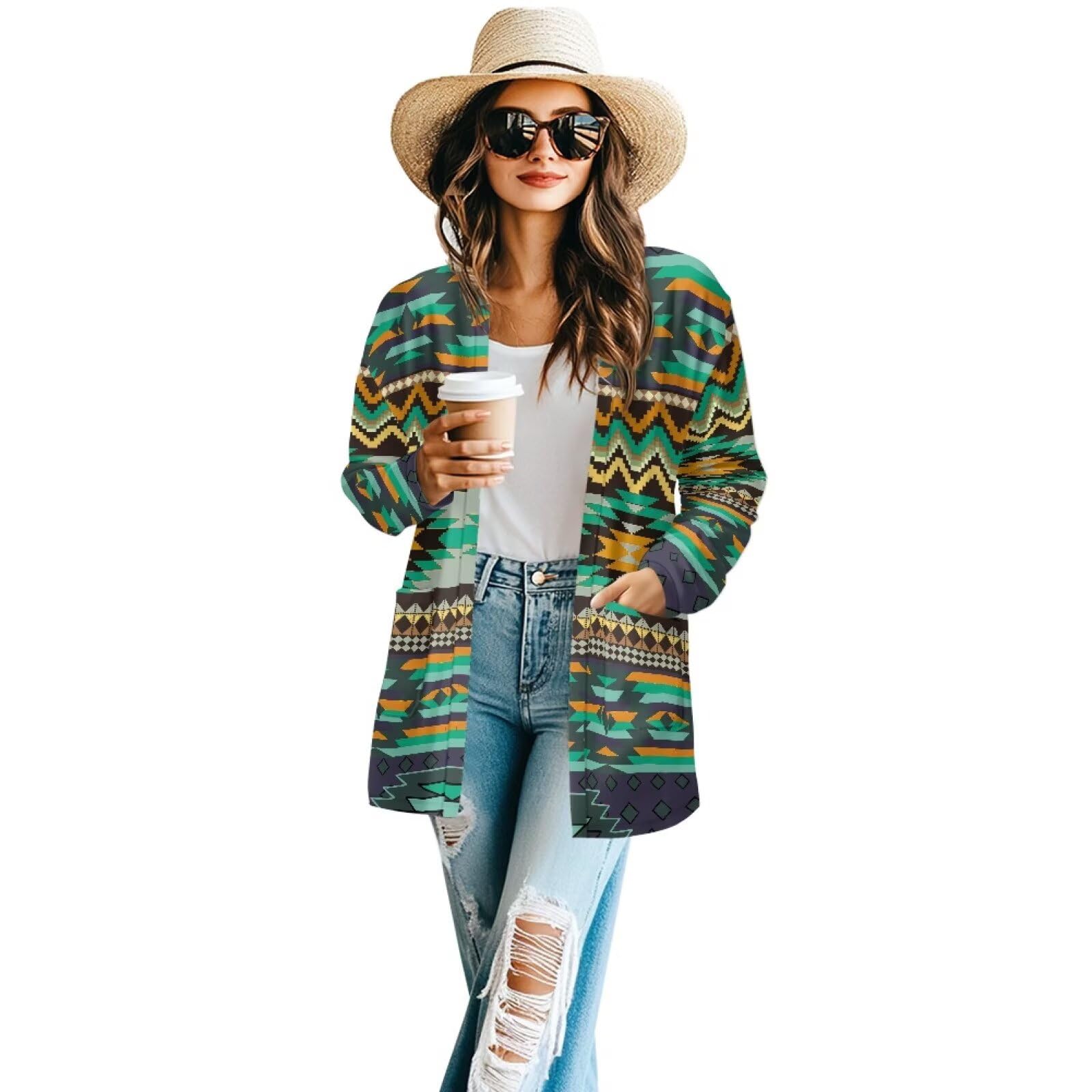 Women's Aztec Open-Front Jacket Lightweight Casual Outerwear Native Western Aztec Pattern &amp; Plaid Houndstooth Print