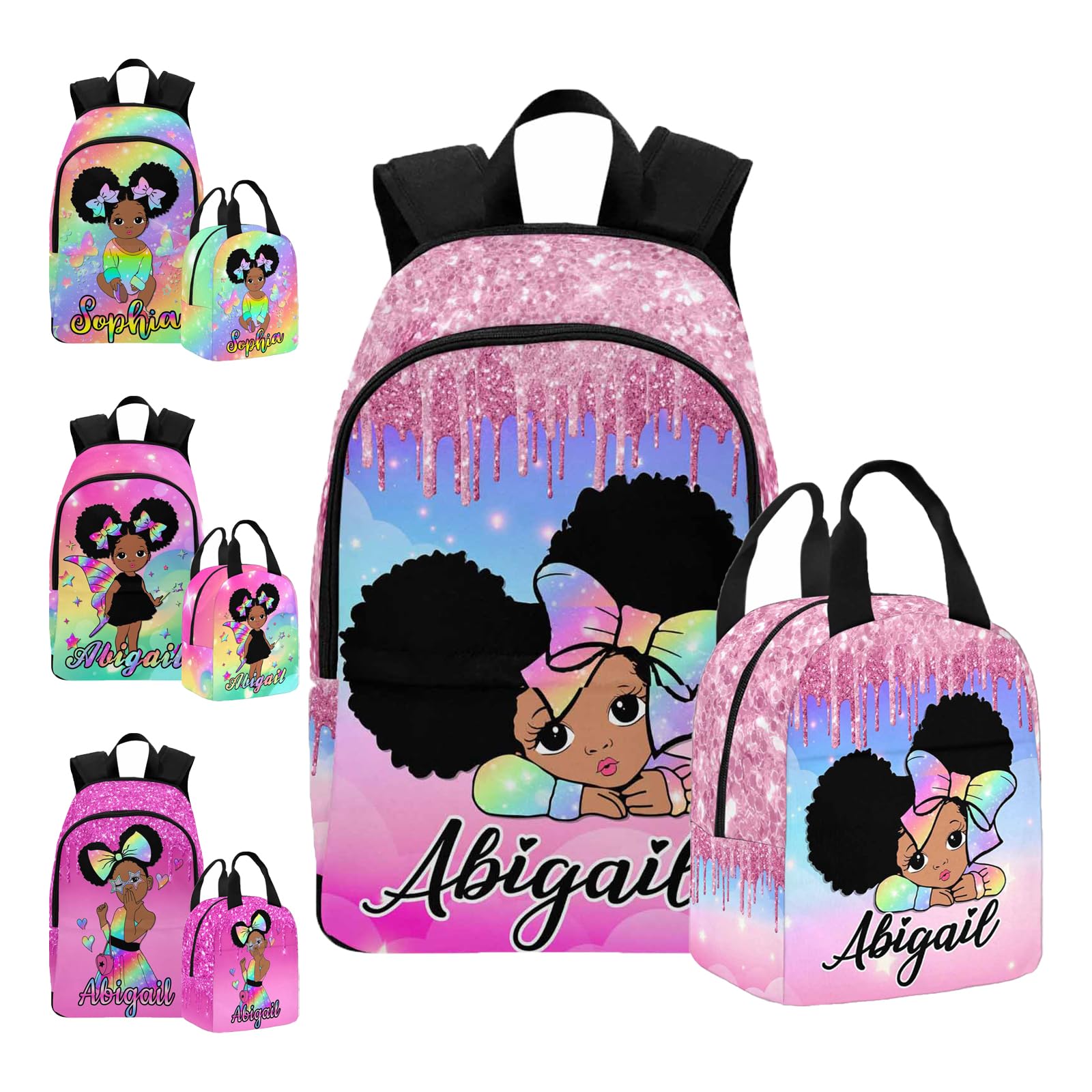 InterestPrint Custom Girls Backpack with Lunch Box, Customized Multiple Bookbag Lunch Bag Set with Name Personalized Shoulder Bag Casual Daypack for