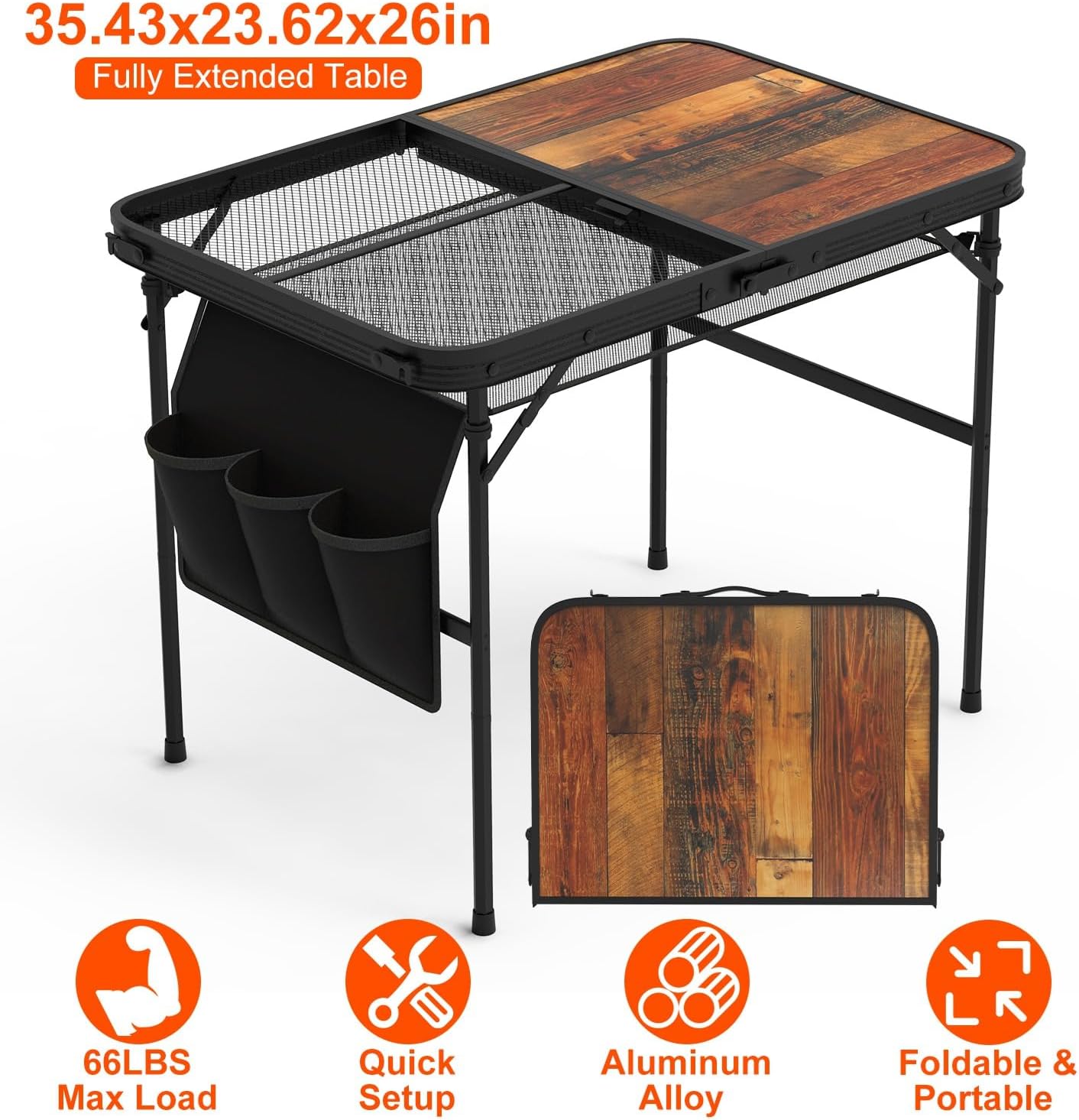 Classic Black Camping Table with Hanging Storage Net, Adjustable Height, Lightweight & Foldable for Outdoor, Indoor, BBQ, Picnics