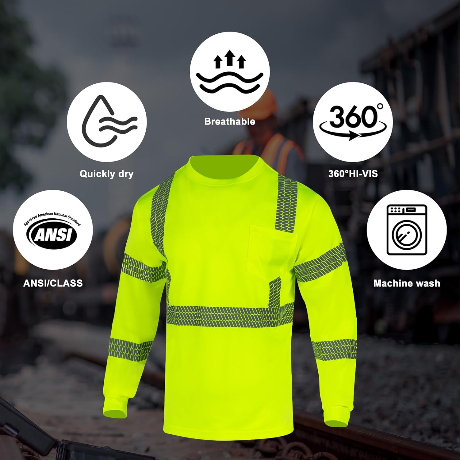 High Visibility Safety Shirts Class 3 Hi Vis Reflective Long Sleeve Construction Work T-Shirt for Men(Yellow,L) - Image 5