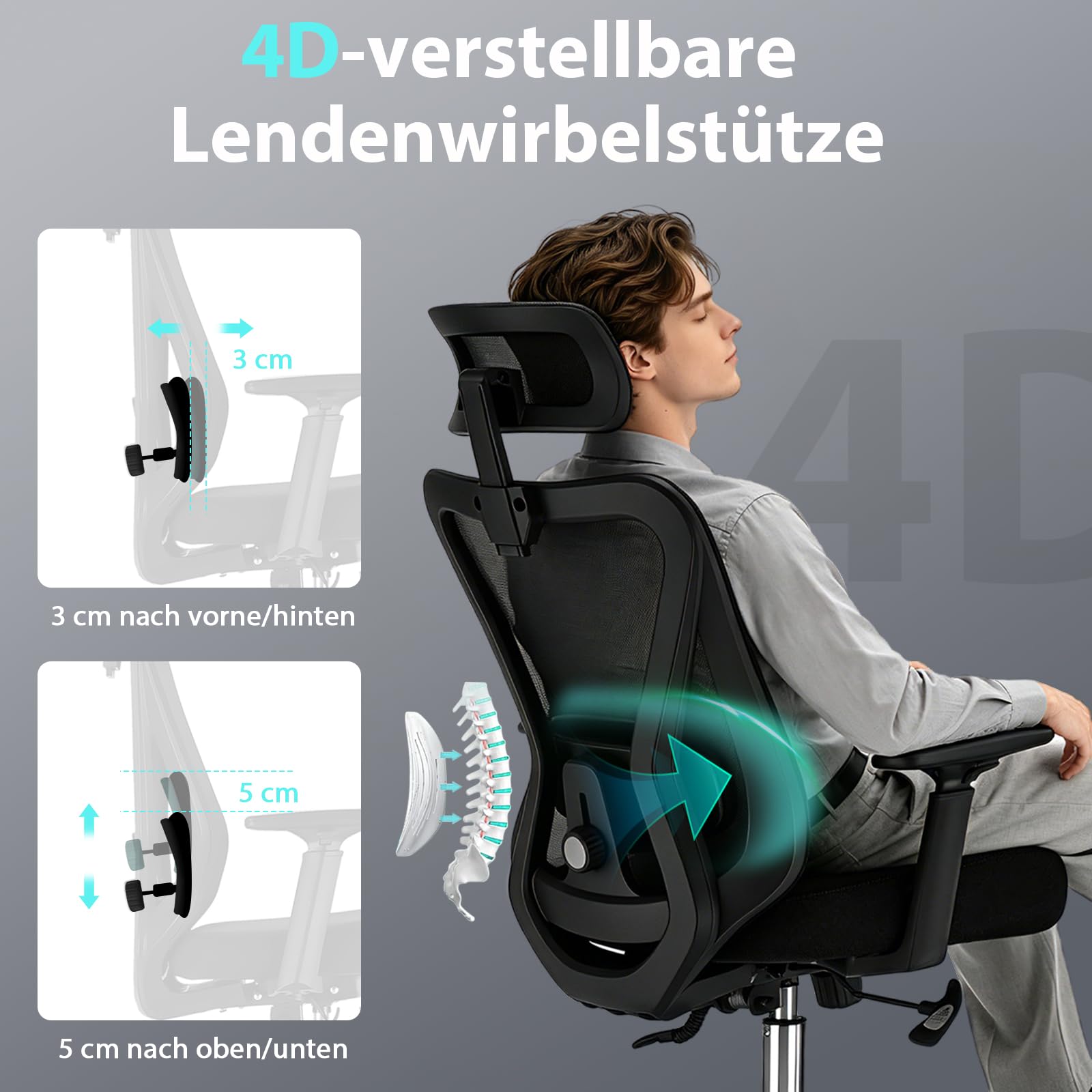 Sedia Ufficio Ergonomica, Sedia da Scrivania con Poggiatesta 2D e Supporto Lombare 4D, Poltrona Ufficio Reclinabile 90°-135°, Braccioli Regolabili, Portata 150 kg, Nero