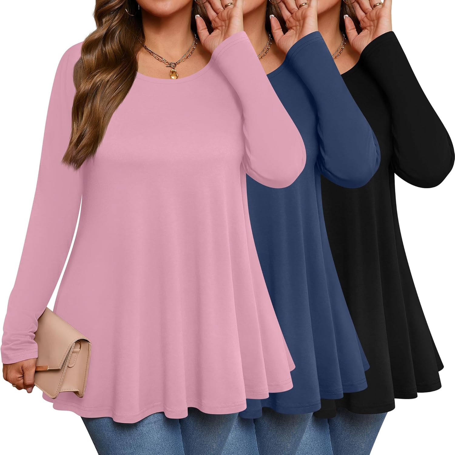 3 Pack Women's Plus Size Tunic Top Casual Long Sleeve Shirts Knitted Loose Fit Blouse Wear with Leggings