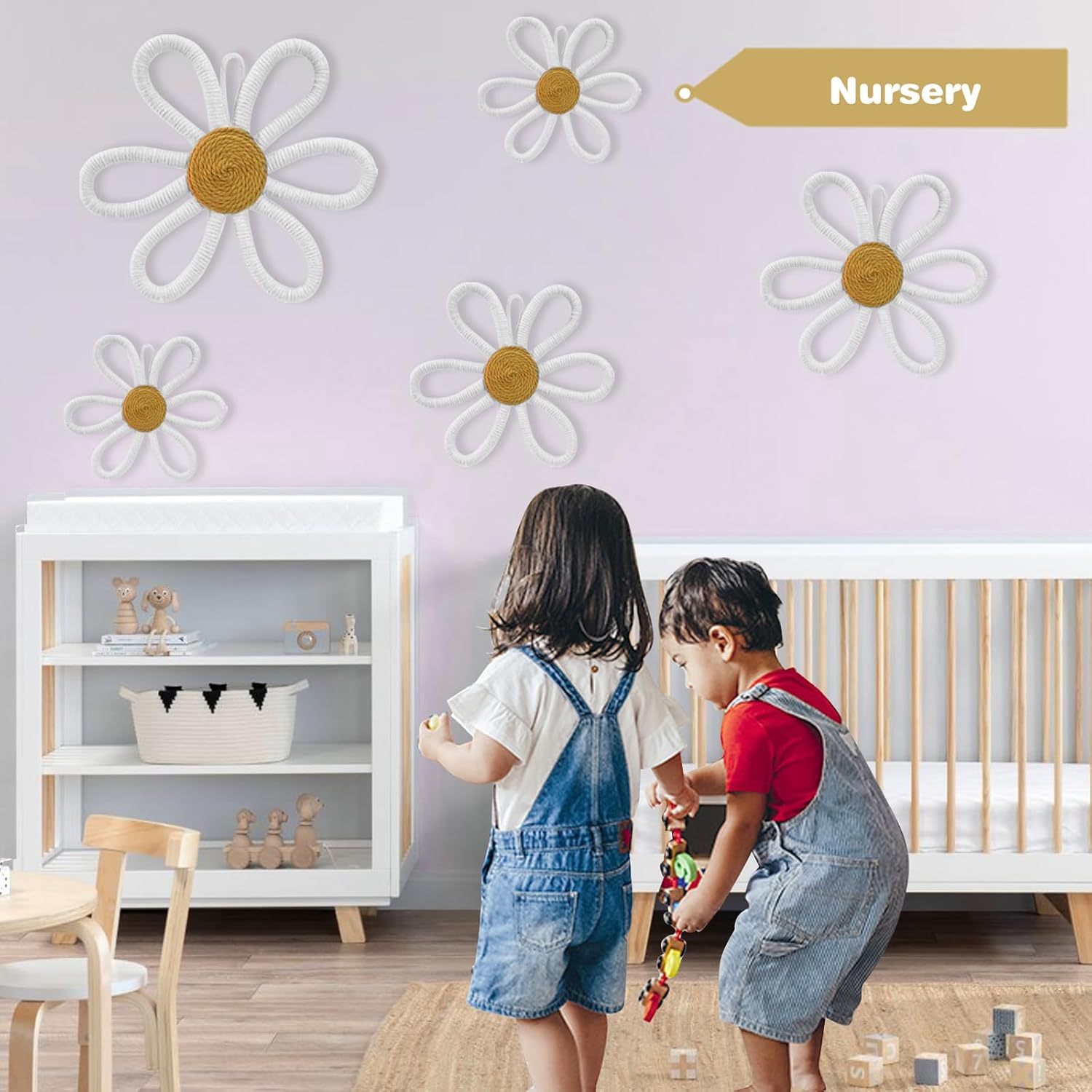 6 Pcs Boho Nursery Daisy Wall Decor, Woven Flowers Wall Hanging Art, White Boho Floral Room Decor with Lanyard for Office, Toddler Baby Little Girls Kids Home Bedroom Above Bed Decorations (White)