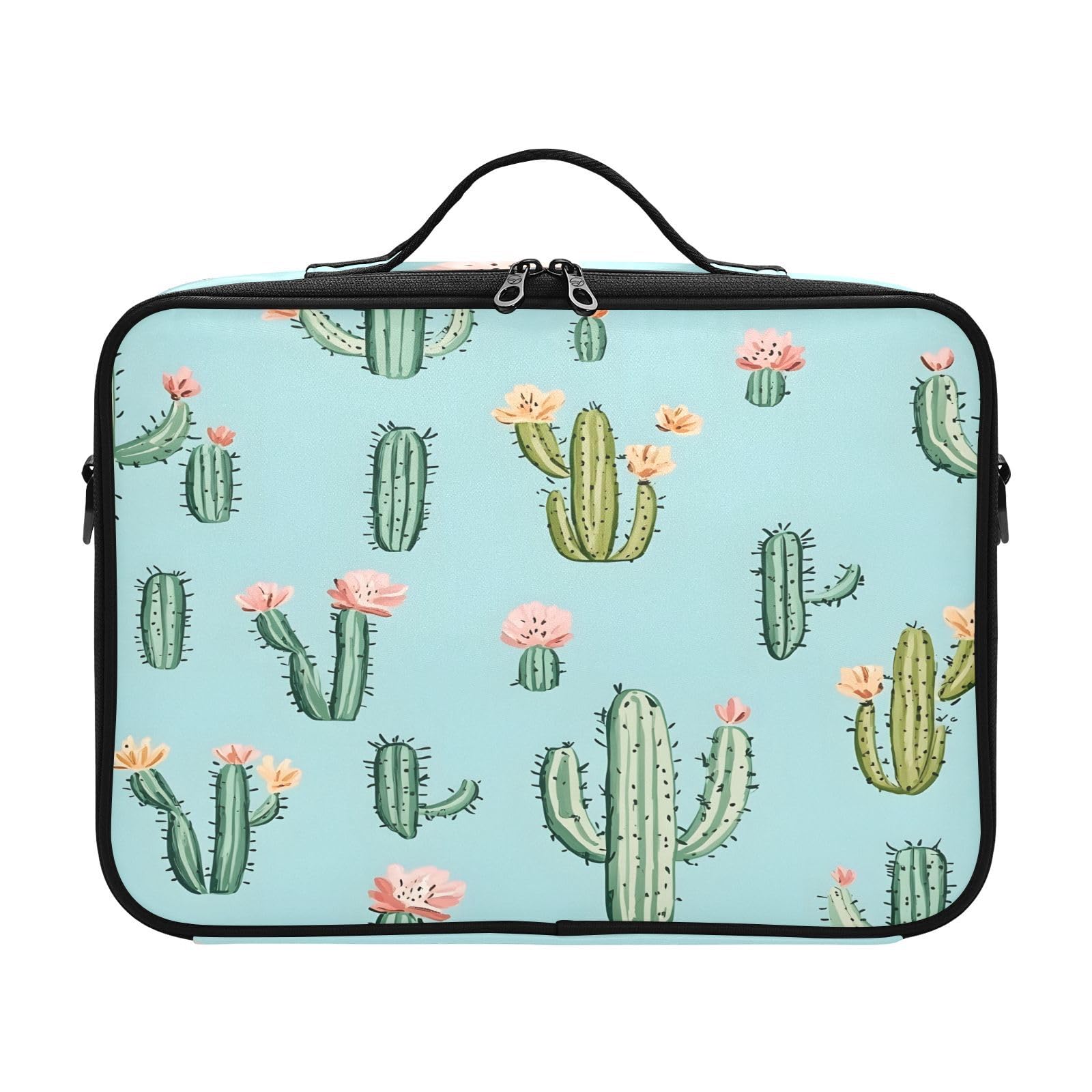 zyrtty Travel Makeup Train Case Cactus Flower Pattern Teal Cosmetic Organizer Portable Storage Bag with Adjustable Dividers for Cosmetics Brushes Toiletry Jewelry Digital Accessories
