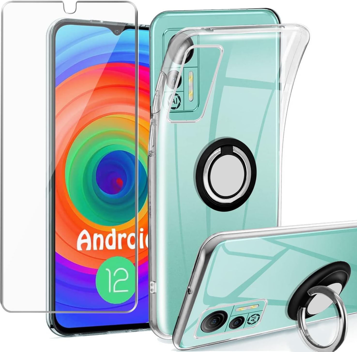 for Ulefone Note 14 Case, Tempered Glass Screen Protector with 360 Degree Rotating Holder Kickstand Soft TPU Silicone Cover Protection, Phone Case Cover for Ulefone Note 14, Crystal Transparent