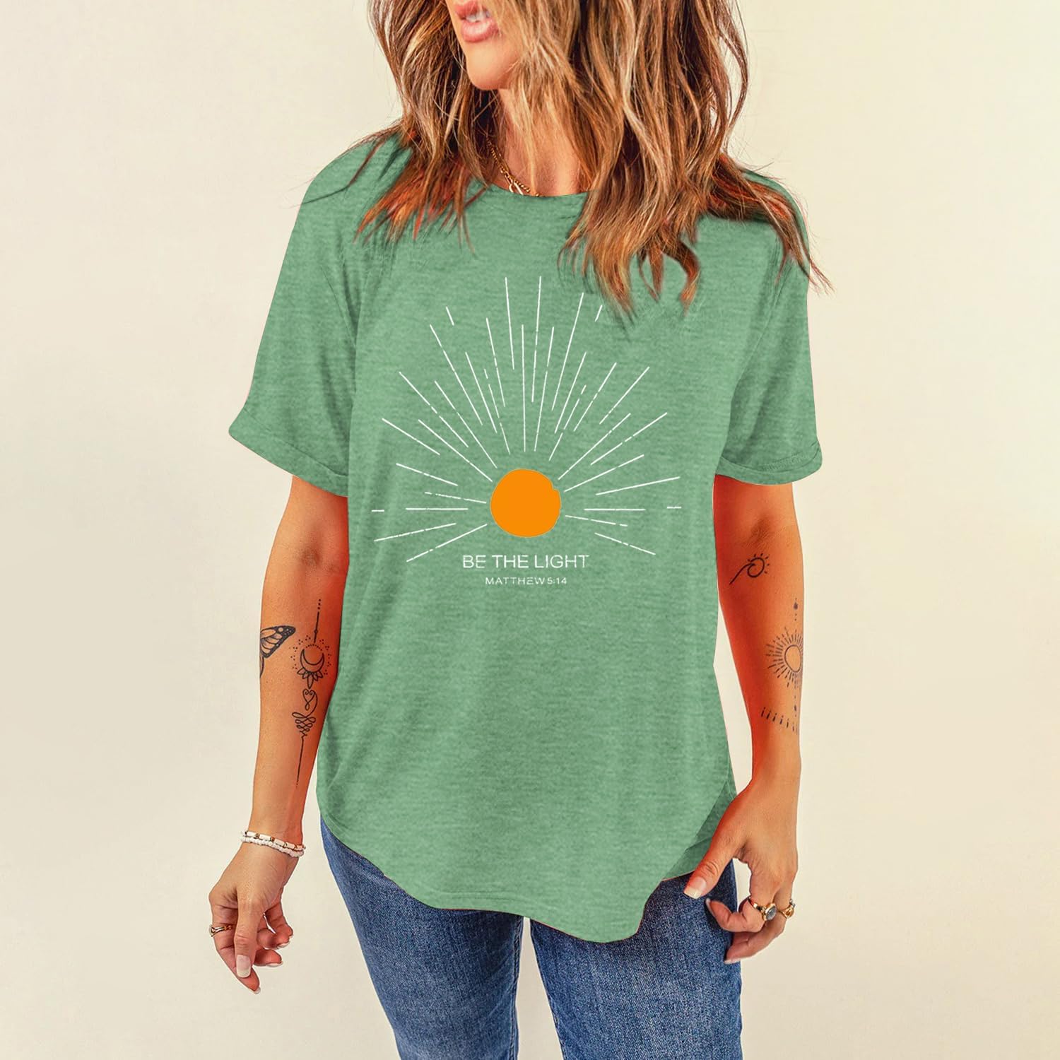 MAIHUN Christian Shirt Womens Be The Light Tshirt Sunburst Vintage Bible Verse Tee Top - Image 2