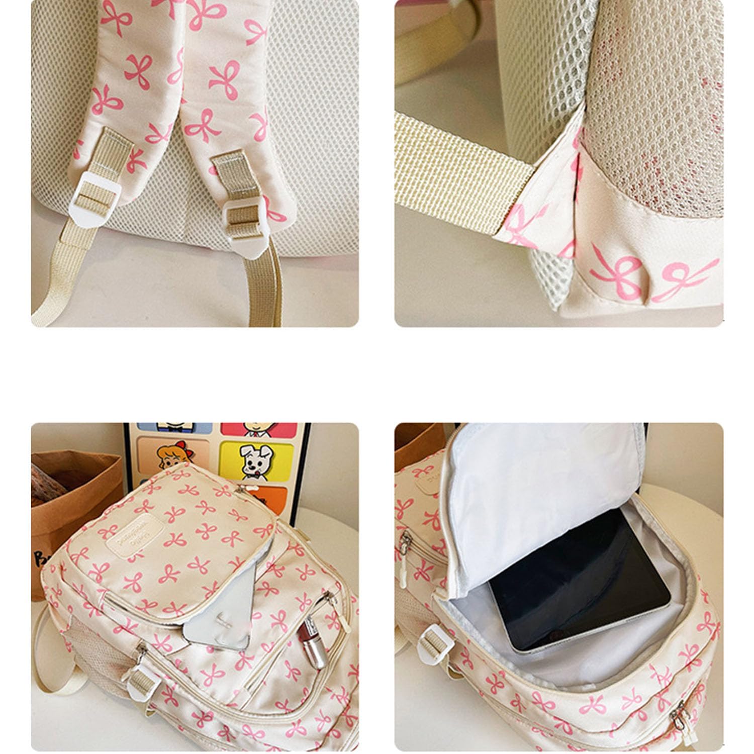 Rucksack-Set mit Schleife für Mädchen, Damenrucksack, adrette Schultasche, rosa Schultasche, 3-teiliges Rucksack-Set mit Schleife für Damen, für Grundschule