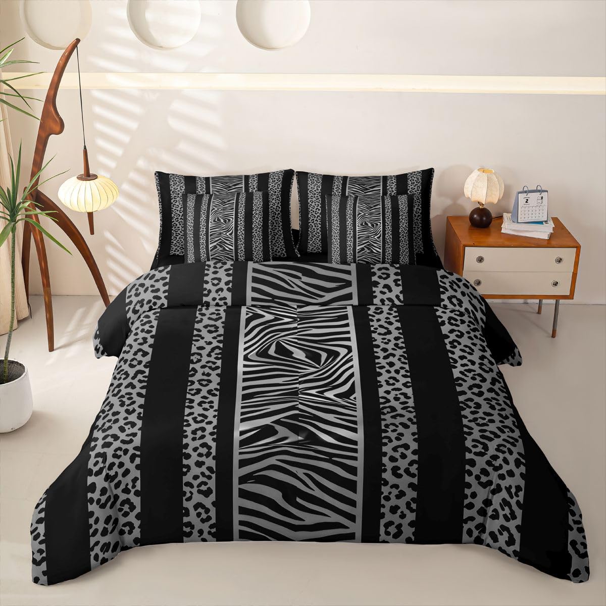 Loussiesd Juego de funda de edredón tamaño Super King con estampado de leopardo y cebra, juego de ropa de cama de 7 piezas para niños y niñas, estampado de guepardo, color negro y gris, cama en una