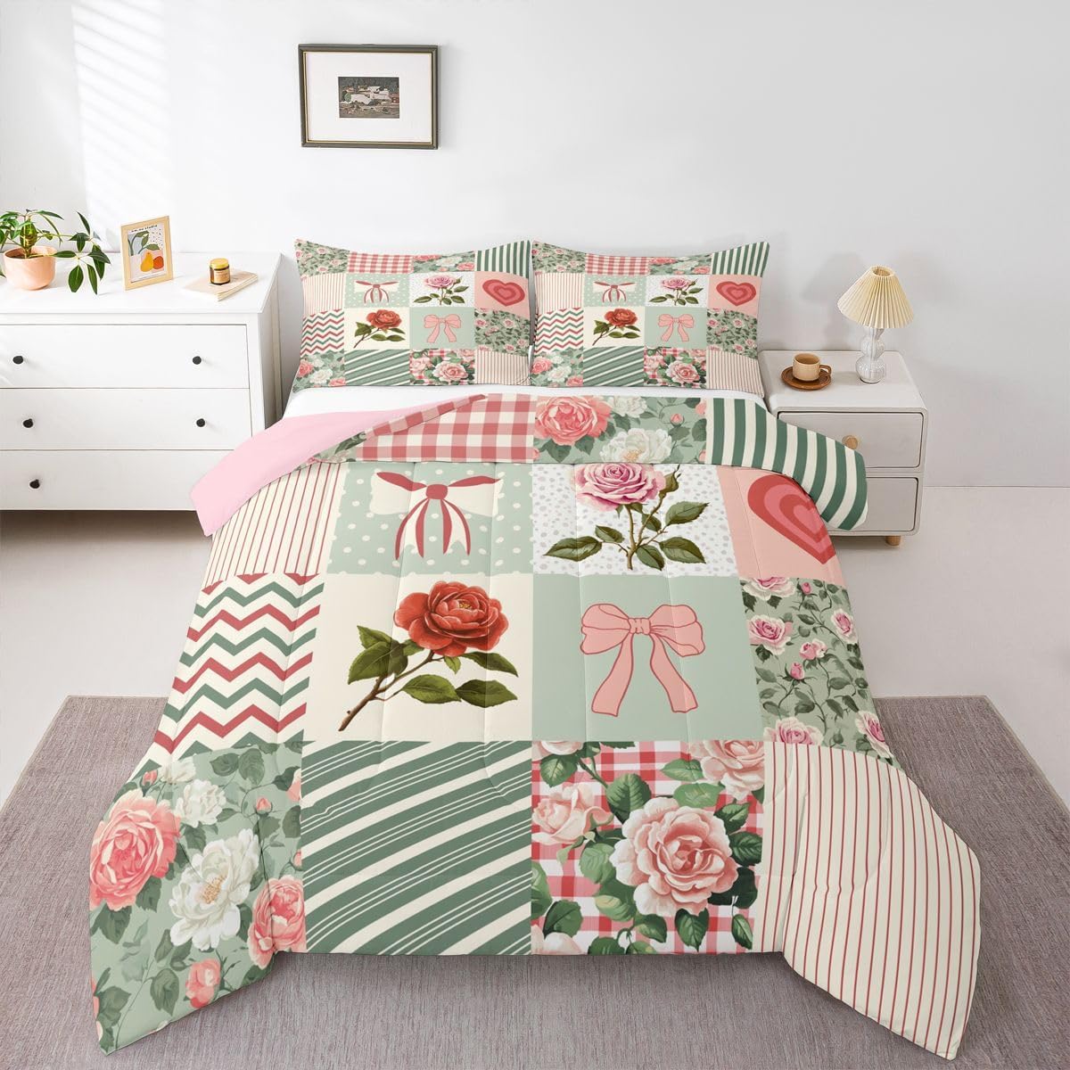 Manfei Floral Bows 3Pcs Comforter Set Queen Size Patchwork Grid Geometric Lines Bedding Set Kids Teens Adult Room Decor Coquette Bow Knot Duvet Insert,2 Pillowcases French Princess Style