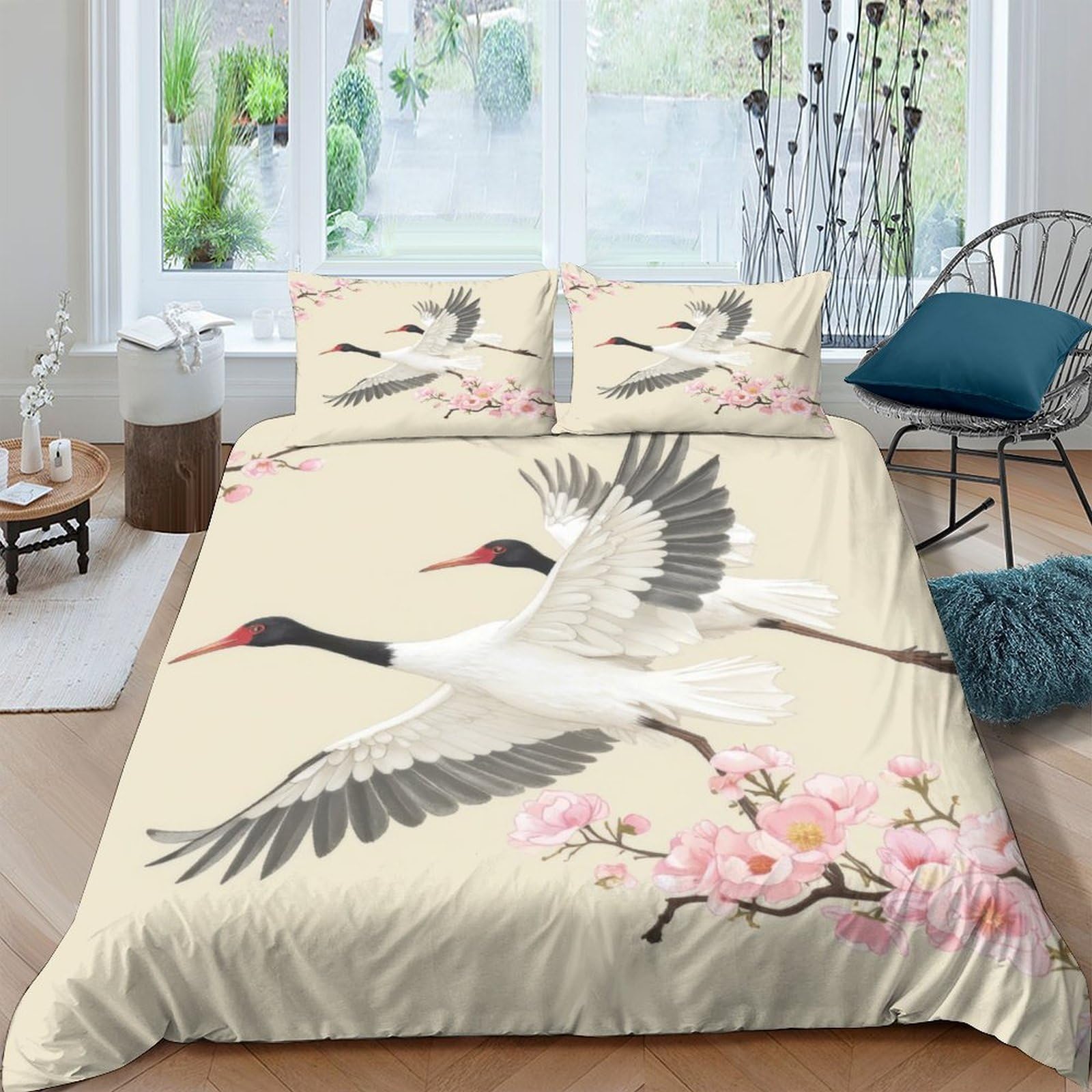 Ctjqhvkz Style-7 3D Printed Japanese Crane Fitted Sheet Microfiber Soft Pink Sakura Mattress Cover For Bedroom Dorm Decorative Protection Single（135X200cm）