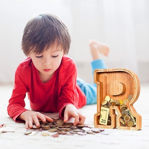 Miniatura 6 de SummiDate Alcancía de madera de letra para niños y niñas, Alfabeto, regalo de cumpleaños para niños (R)