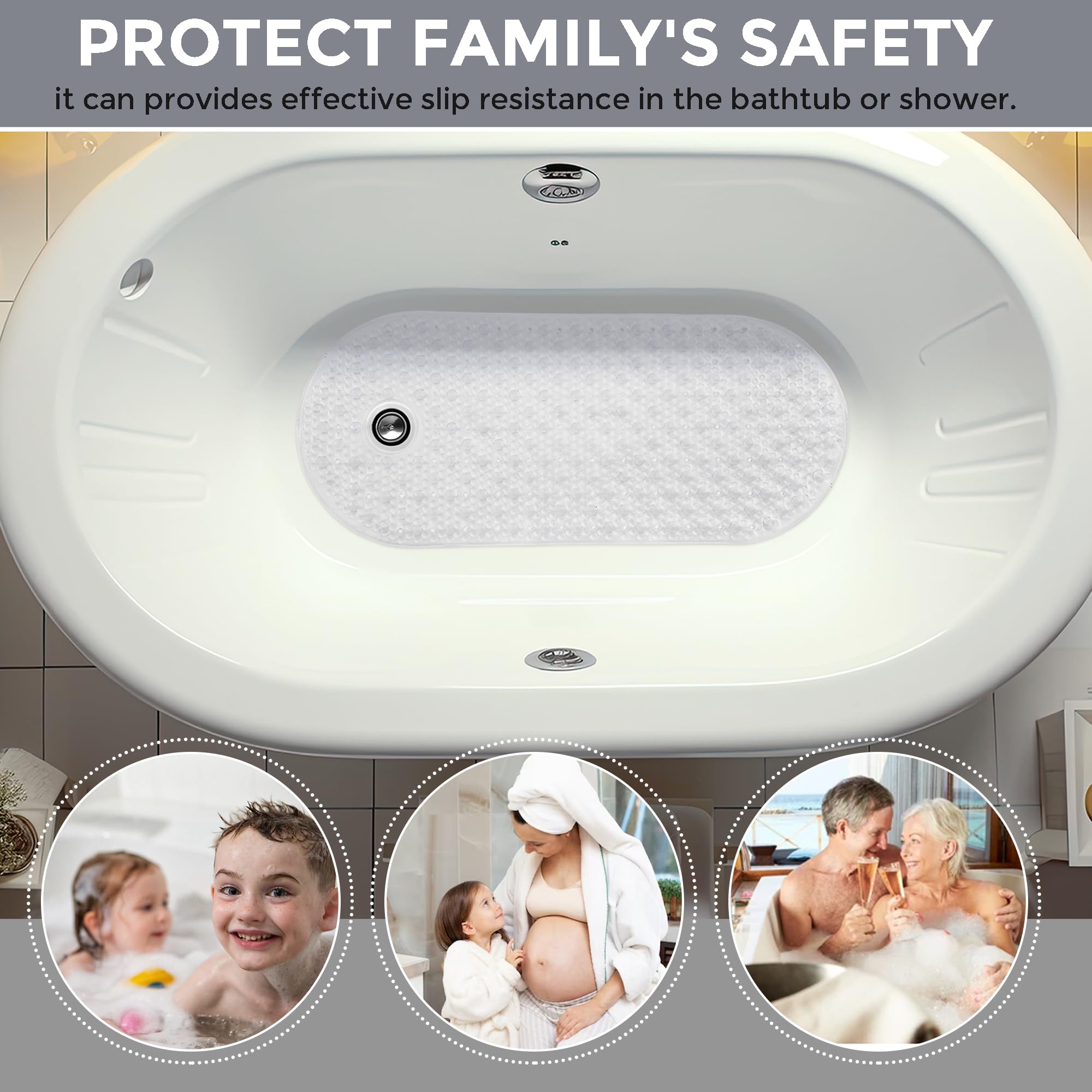 Bath And Shower Safety Mats 40x16 Inch, Non Slip With Suction Cups For Bathroom Stall And Tub Floor, Extra Large And Machine Washable, Drain Holes Keep Bathtub Clean Beige