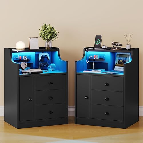 ADORNEVE Juego de 2 mesitas de noche blancas, mesita de noche LED con estación de carga, mesita de noche con cajones, mesa auxiliar moderna de