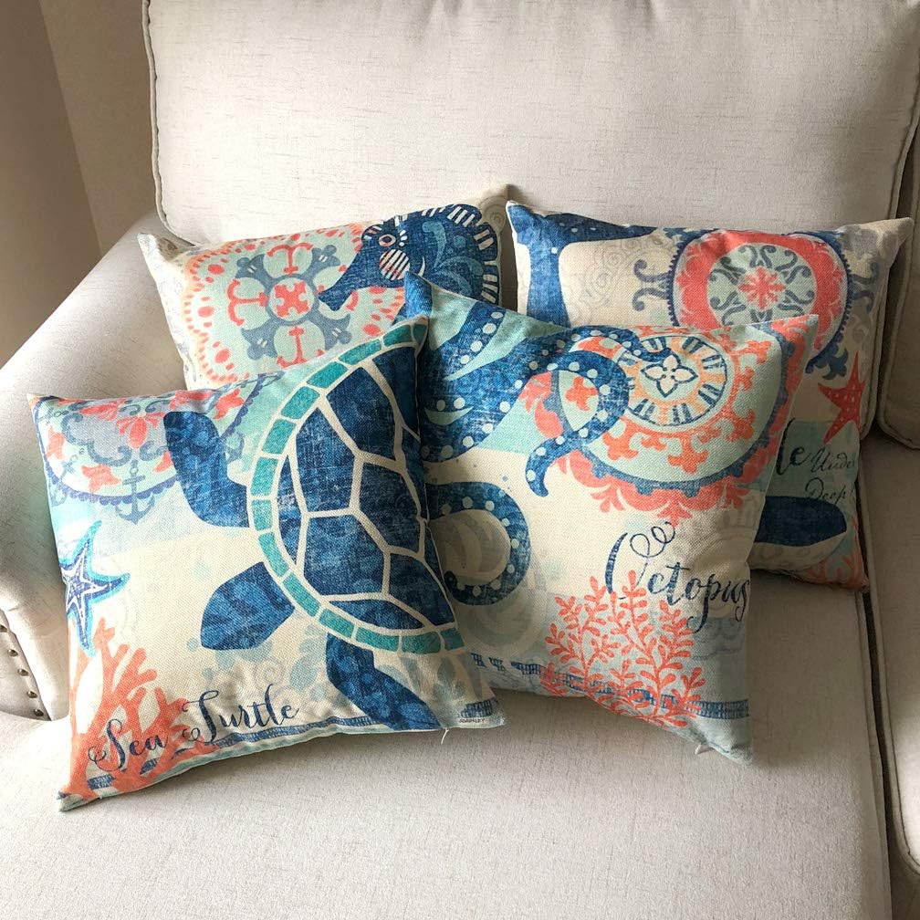 ULOVE LOVE YOURSELF Ocean Theme Square Pillow Case Mediterranean Style Decorative Cotton Linen Throw Coastal Cushion Cover Sets 18 X 18 Inch Pillow Covers, 4 Pack Nautical Pillow Covers (Sea Theme-2)