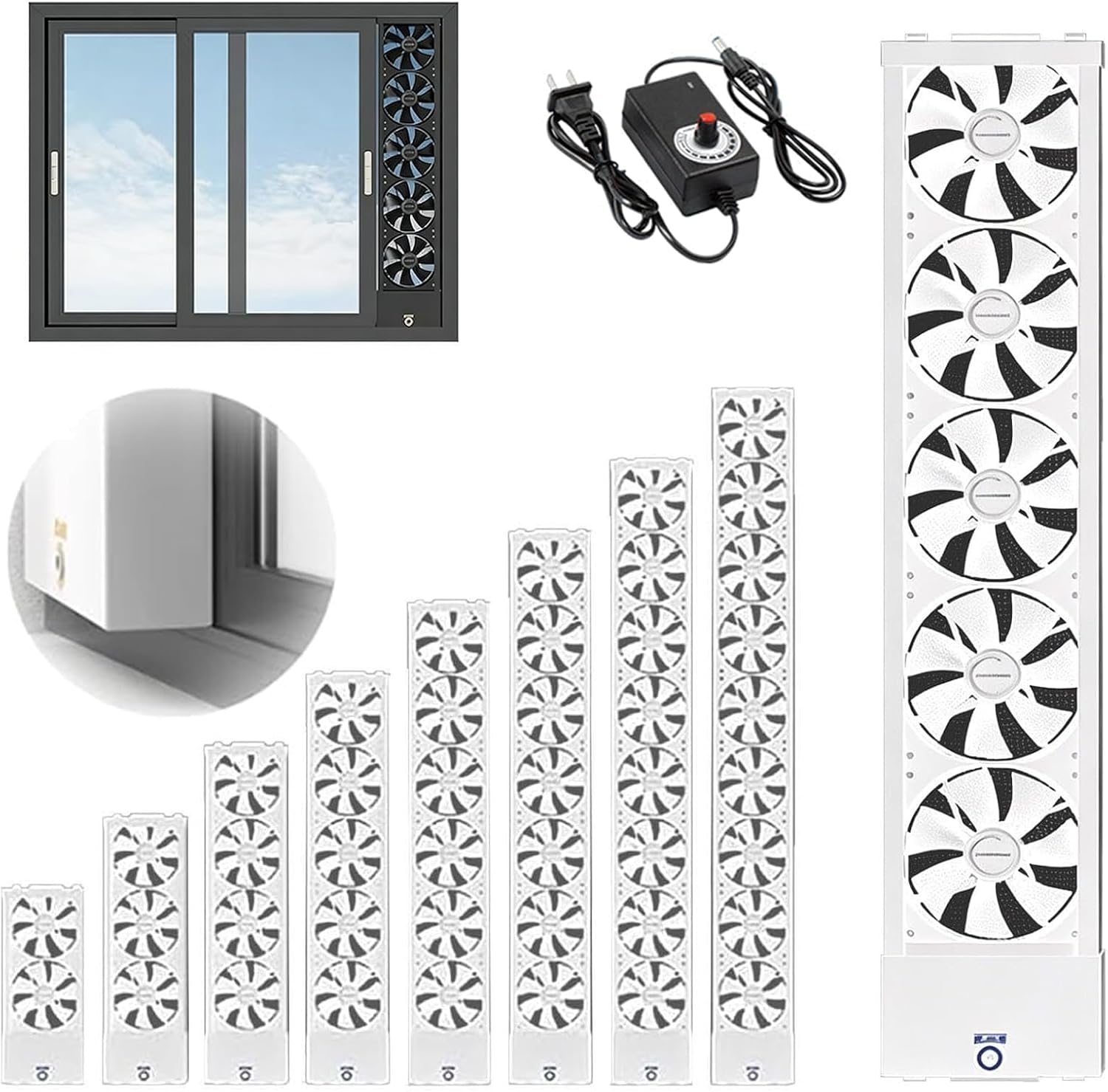 Vertical Window Fan for Sliding Windows, Reversible Airflow Exhaust & Intake Window Fan, Adjustable Fit 35–150cm (13.8–59in), Stepless Speed Control, No Drill Installation, white 17.7-19.7in/45-50cm