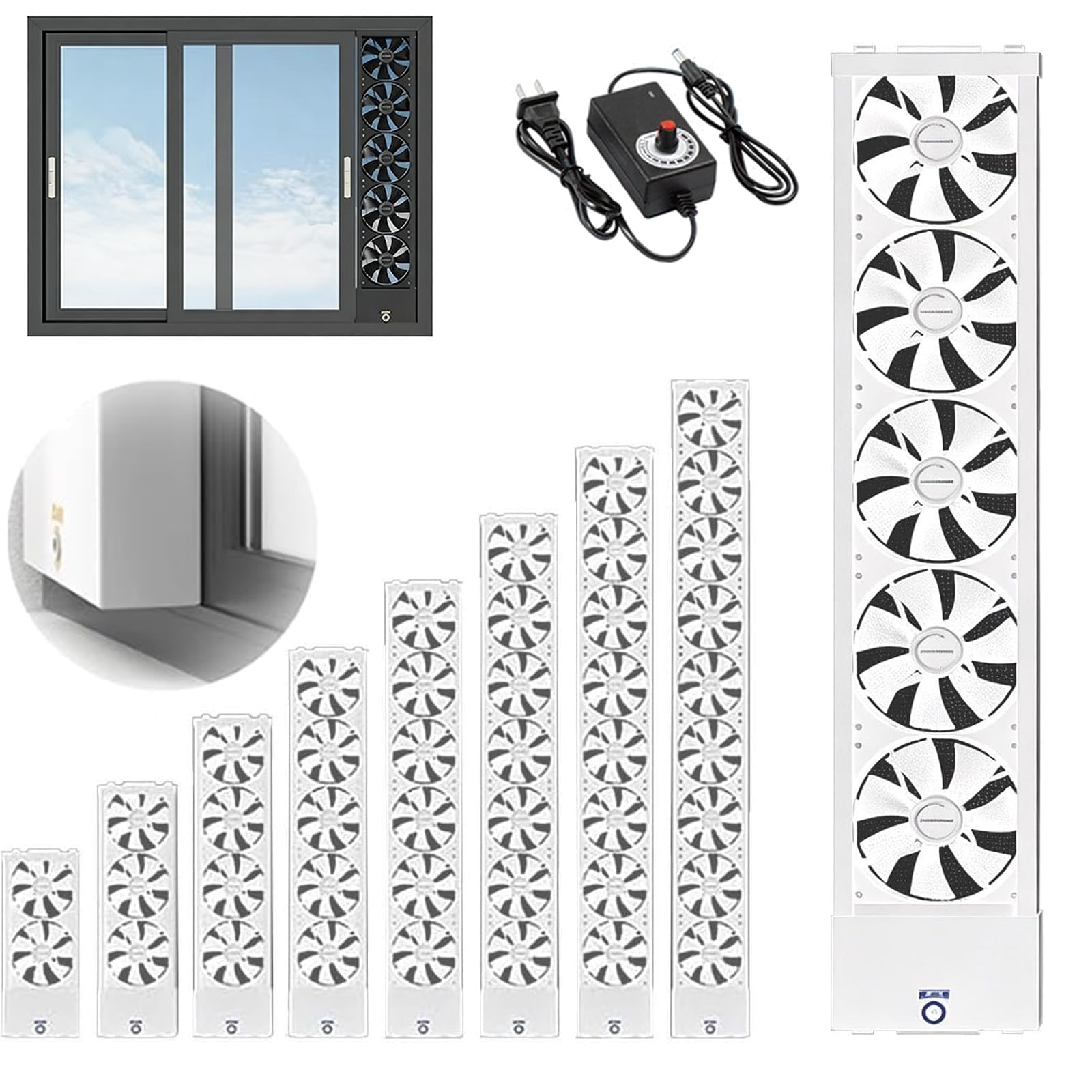 Vertikaler Fensterventilator für Schiebefenster, umkehrbarer Luftstrom Aus- und Einlassfensterventilator, einstellbare Passform 35–150 cm (13,8–59 Zoll), stufenlose Geschwindigkeitsregelung