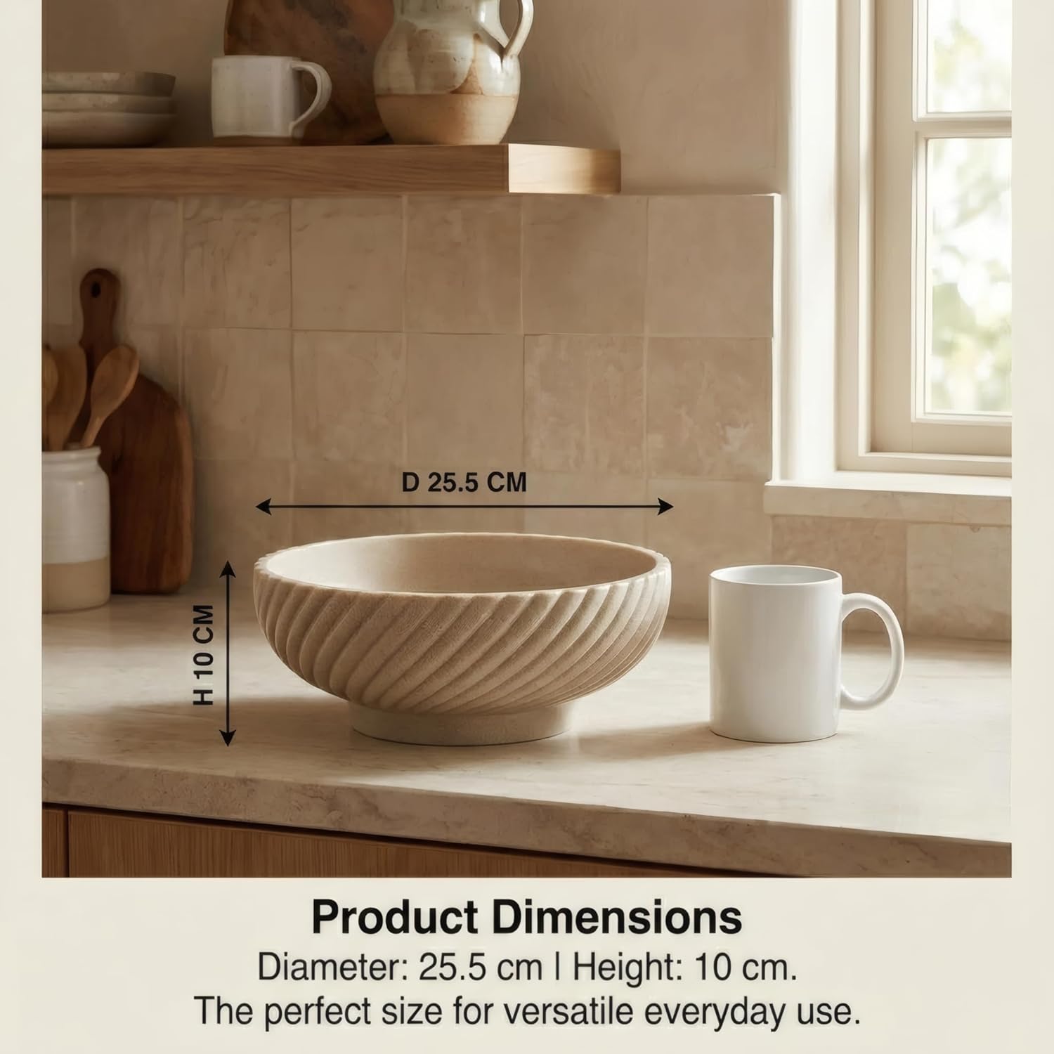 10" Fruit Bowl for Kitchen Counter - Large Decorative Bowl for Home Decor, Modern Key Bowl for Entryway Table - Unique Diagonal Fluted Resin Centerpiece Bowl for Coffee Table, Beige