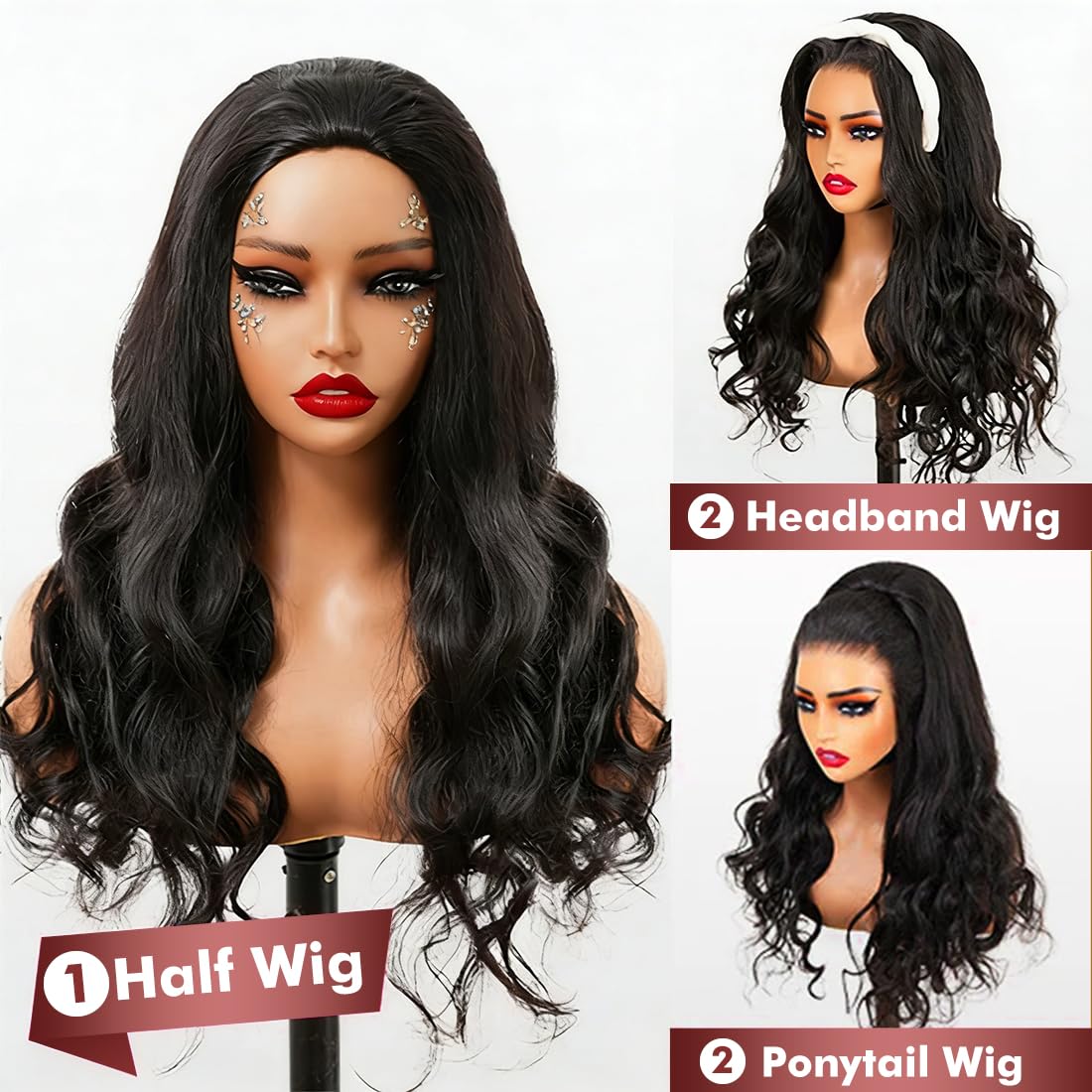Body Wave Half Wig Human Hair 180% Density 3 In 1 Seamless Flip over Glueless Half Wigs with Drawstring Wear and Go Wig Human Hair for Women Beginner Friendly Natural Black (Natural Color, 16 inch)