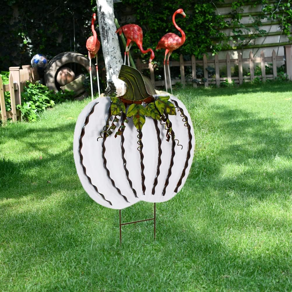 K KILIPES Metal Pumpkin Stake Fall Yard Sign Autumn Harvest Outdoor Pumpkin Lawn Ornaments Garden Yard Decor for Fall Halloween Thanksgiving Outdoor Decorations (26" H,17" H, White)