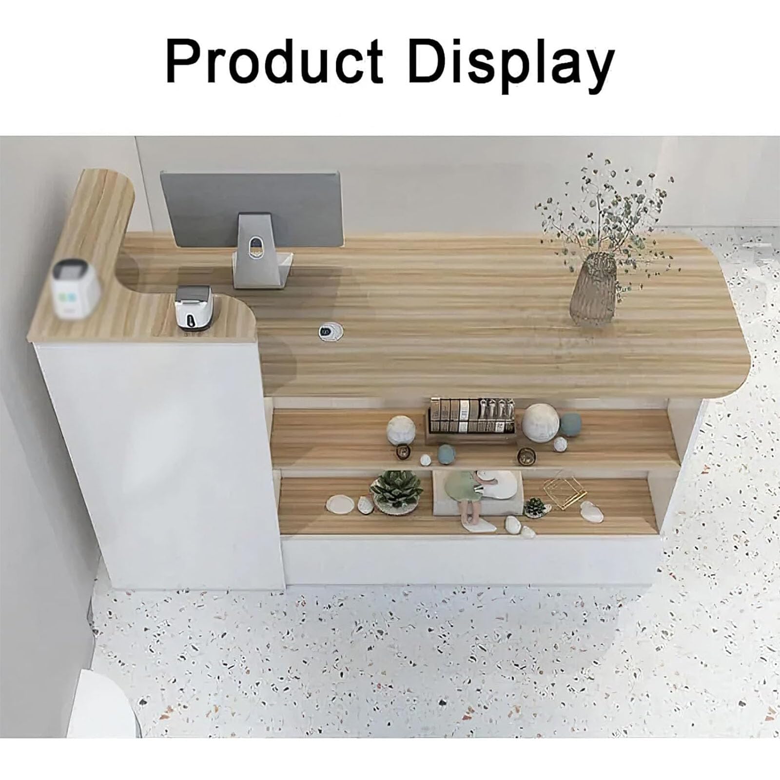 Moderno banco di ricezione a forma di L per negozio di abbigliamento e caffetteria elegante armadietto cassa con spazioso spazio di lavoro e opzioni di archiviazione