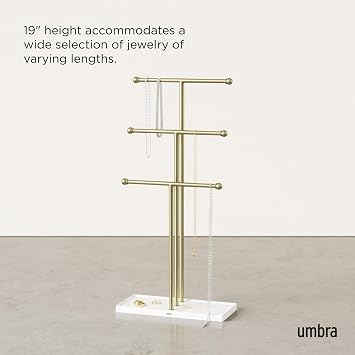 Umbra Trigem Jewelry Stand, Tiered Necklace Holder, Steel, White/Gold