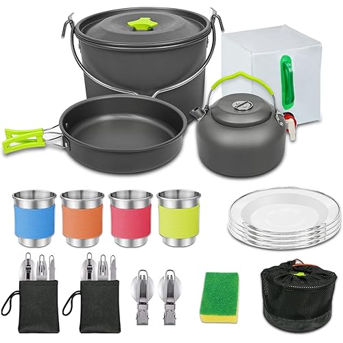 AIRE 16 Pcs Camping Cookware Set Stove Canister Stand Tripod Outdoor Hiking Picnic Non-Stick Cooking Backpacking with Folding Knife and Fork Set Mess Kit