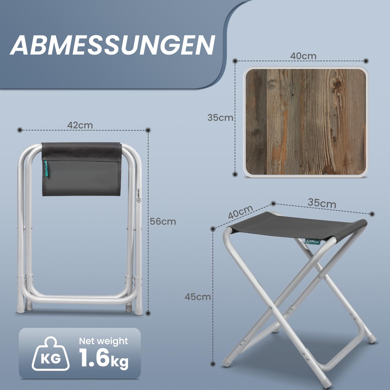 Homecall 2 IN 1 Campinghocker Faltbar mit Tischplatte MDF - Campingtisch Klappbar Klapptisch Gartenhocker - Fußhocker Outdoor für Garten, Camping, Angeln, Picknick, RV (Grau Hocker mit MDF-Platten)