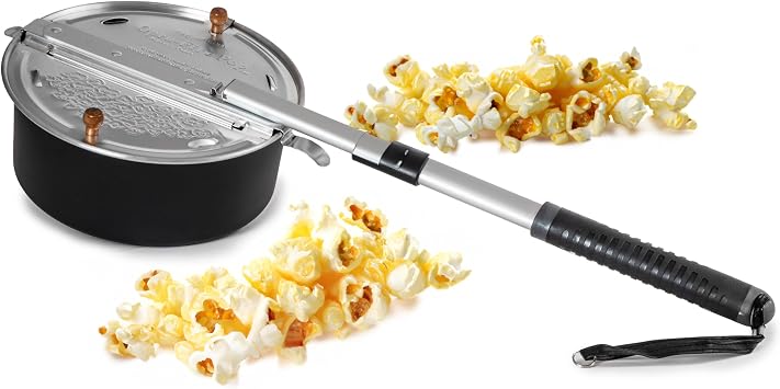 Wabash Valley Farms Open Fire Pop Kit Campfire Popcorn Maker with Camping Cookware for Pit Cooking, Hand-Crank Outdoor Tool for Use Over Flame and Backyard Fires, Whirley Pop Accessory