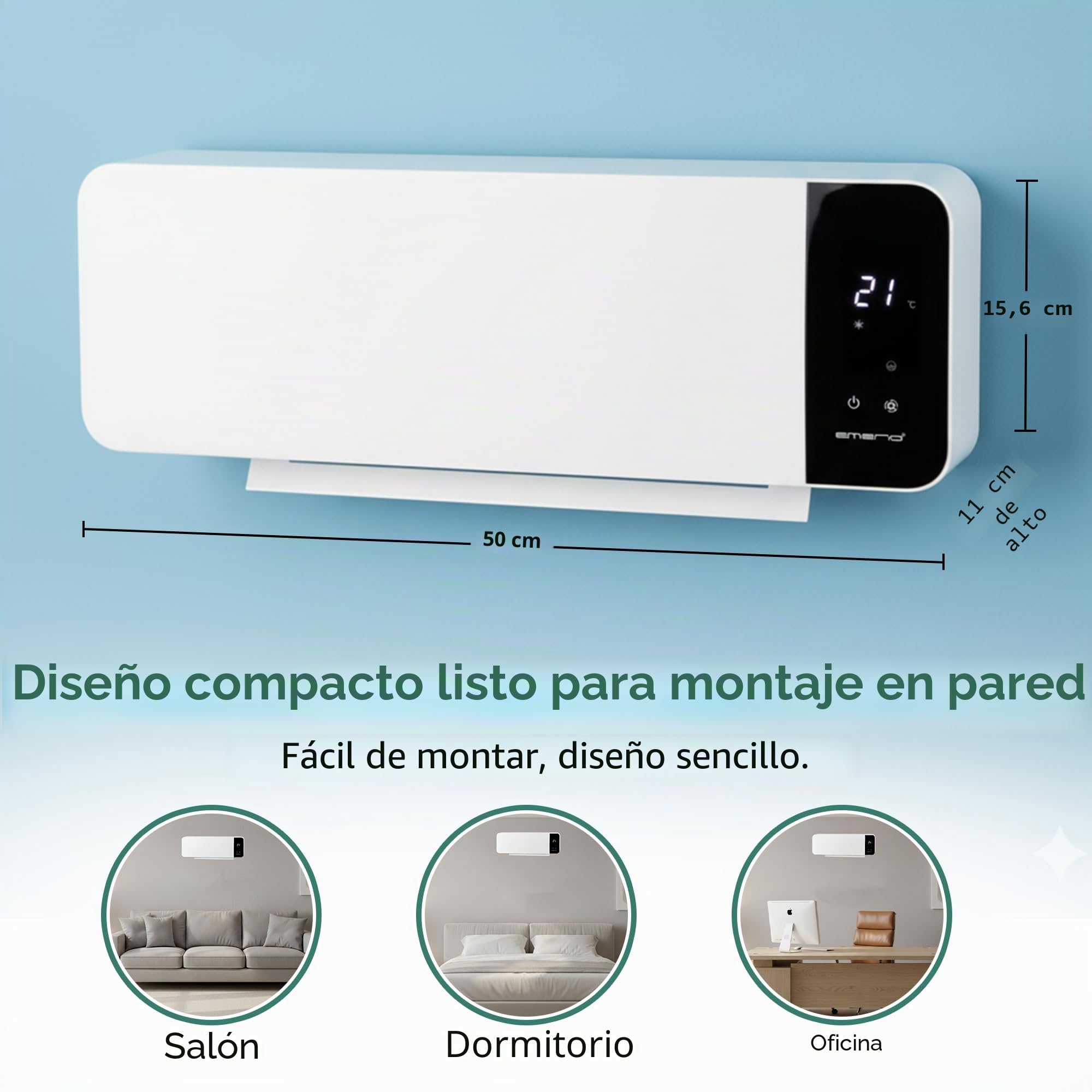 EMERIO FH-133172 Calentador de ventilador de pared, 2000 W, temporizador de remojo ajustable, elemento calefactor PTC (cerámica), 2 modos de calor, termostato ajustable, ventana abierta, detección