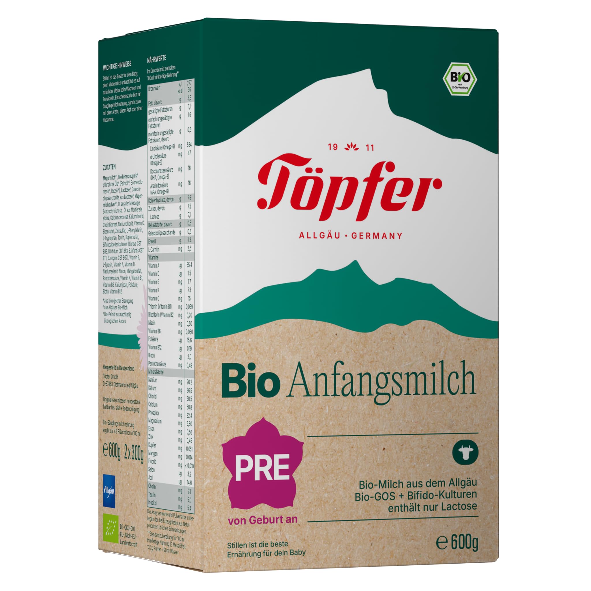 Töpfer Bio Anfangsmilch PRE Säuglingsanfangsnahrung ab Geburt 3x600g GOS Probifido ARA DHA Algenöl