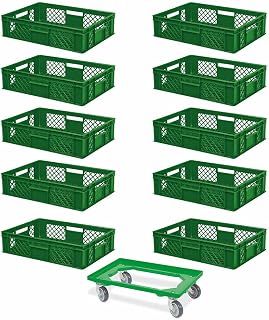 Juego de 10 recipientes apilables con ruedas de transporte, 600 x 400 x 150 mm, calidad industrial, aptos para alimentos, color verde