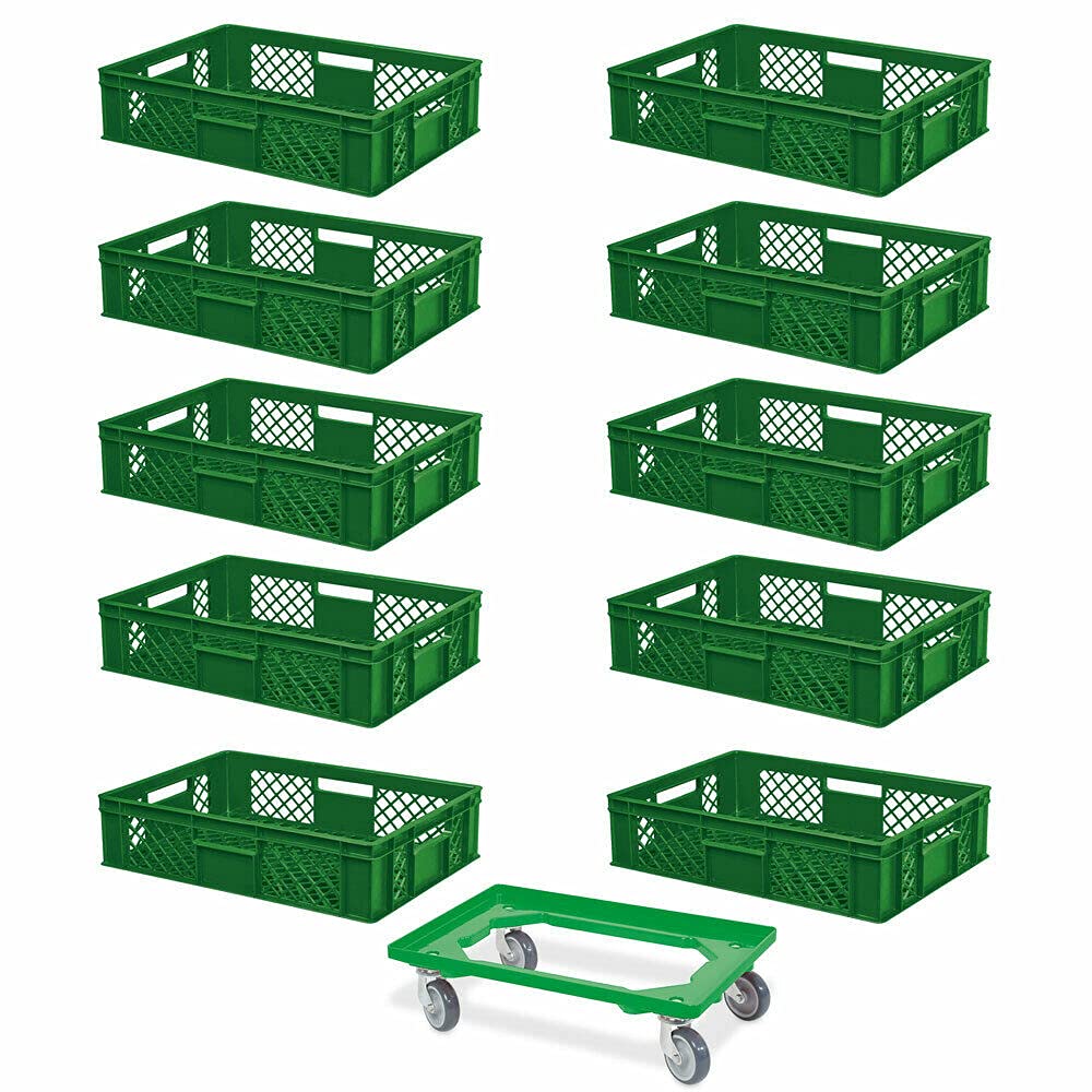 BRB 10 contenitori europei, lunghezza 600 x 400 x 150 mm, qualità industriale, per uso alimentare + 1 carrello per il trasporto con tavola in plastica ABS infrangibile (verde/verde)