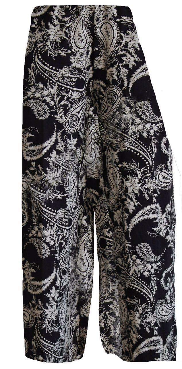 Wearall Women's Paisley Palazzo Wide Leg Flared Elasticated Stretch Plus Size Plain Trousers 24-26
