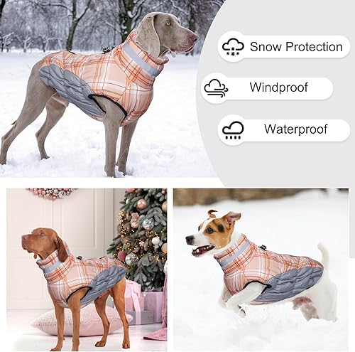 Miniatura 6 de BEAUTYZOO Abrigo de invierno a cuadros para perro, chaqueta reflectante mejorada para perro, forro polar acolchado con arnés integrado, ropa
